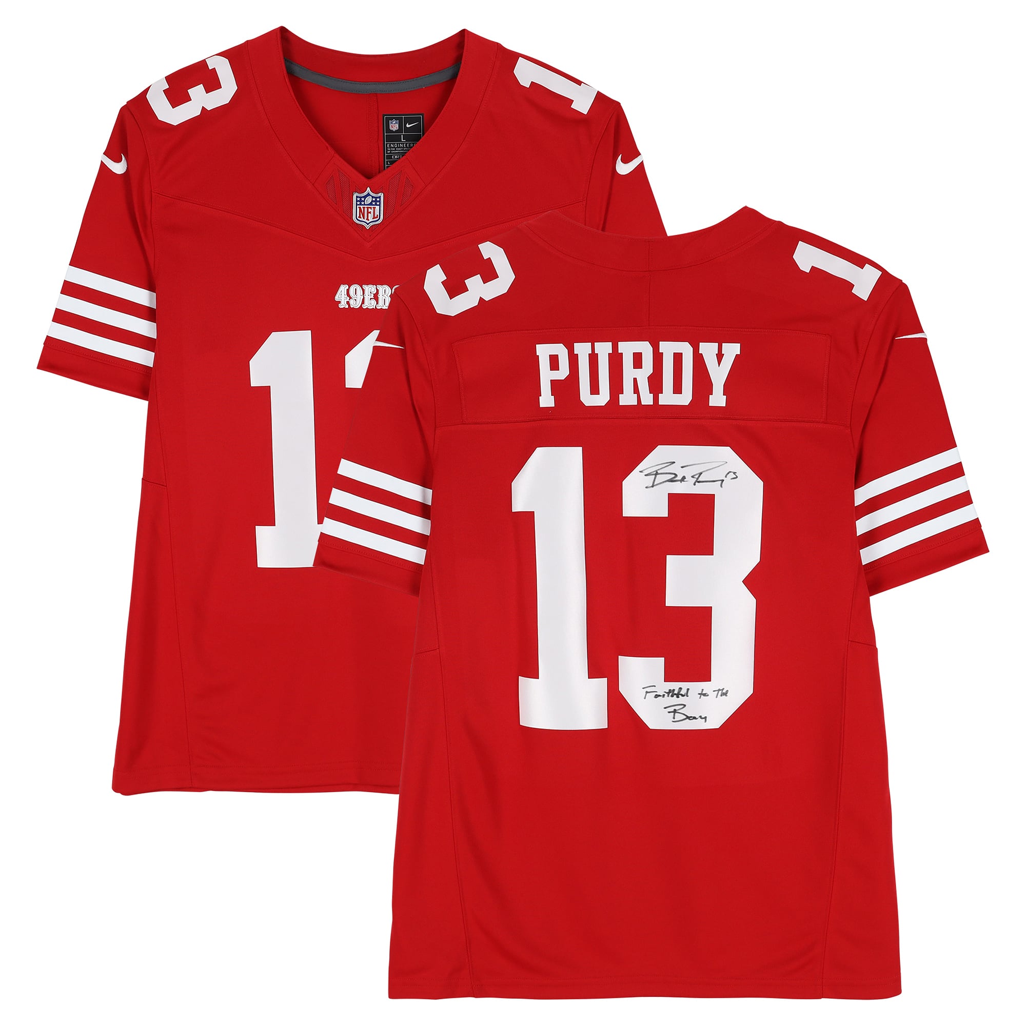 Maillot Nike Limited écarlate autographié par Brock Purdy des 49ers de San Francisco, avec inscription « Fidèle à la Baie ».