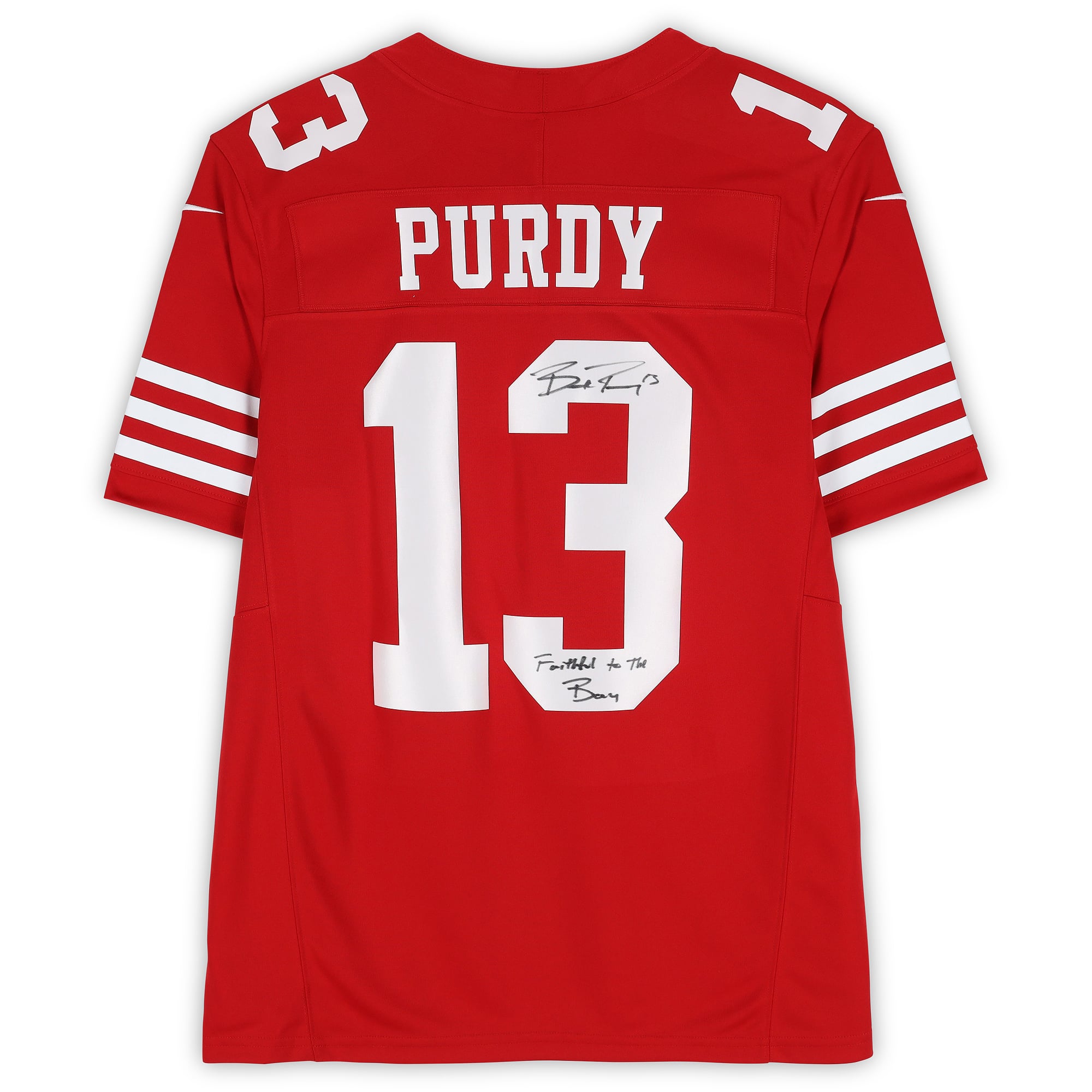 Maillot Nike Limited écarlate autographié par Brock Purdy des 49ers de San Francisco, avec inscription « Fidèle à la Baie ».
