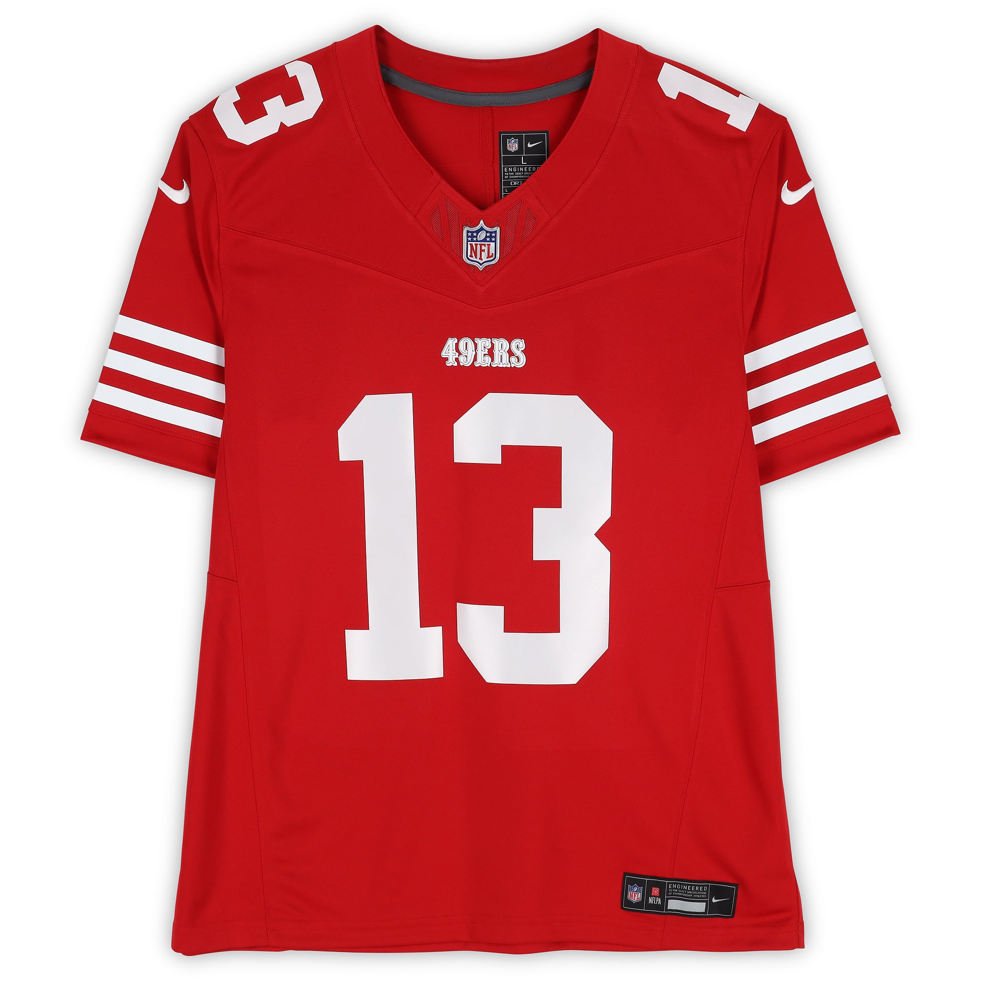 Maillot Nike Limited écarlate autographié par Brock Purdy des 49ers de San Francisco, avec inscription « Fidèle à la Baie ».