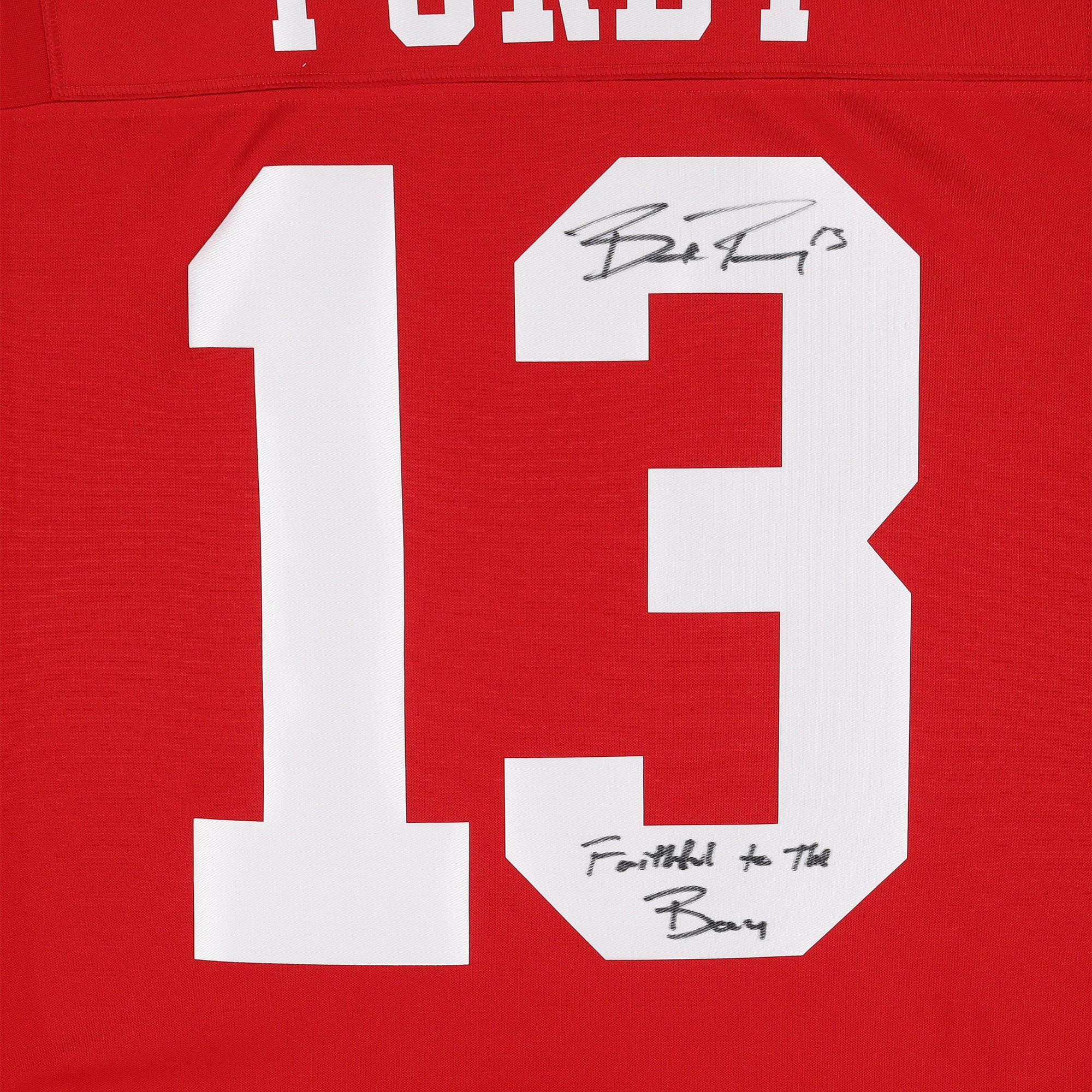 Maillot Nike Limited écarlate autographié par Brock Purdy des 49ers de San Francisco, avec inscription « Fidèle à la Baie ».