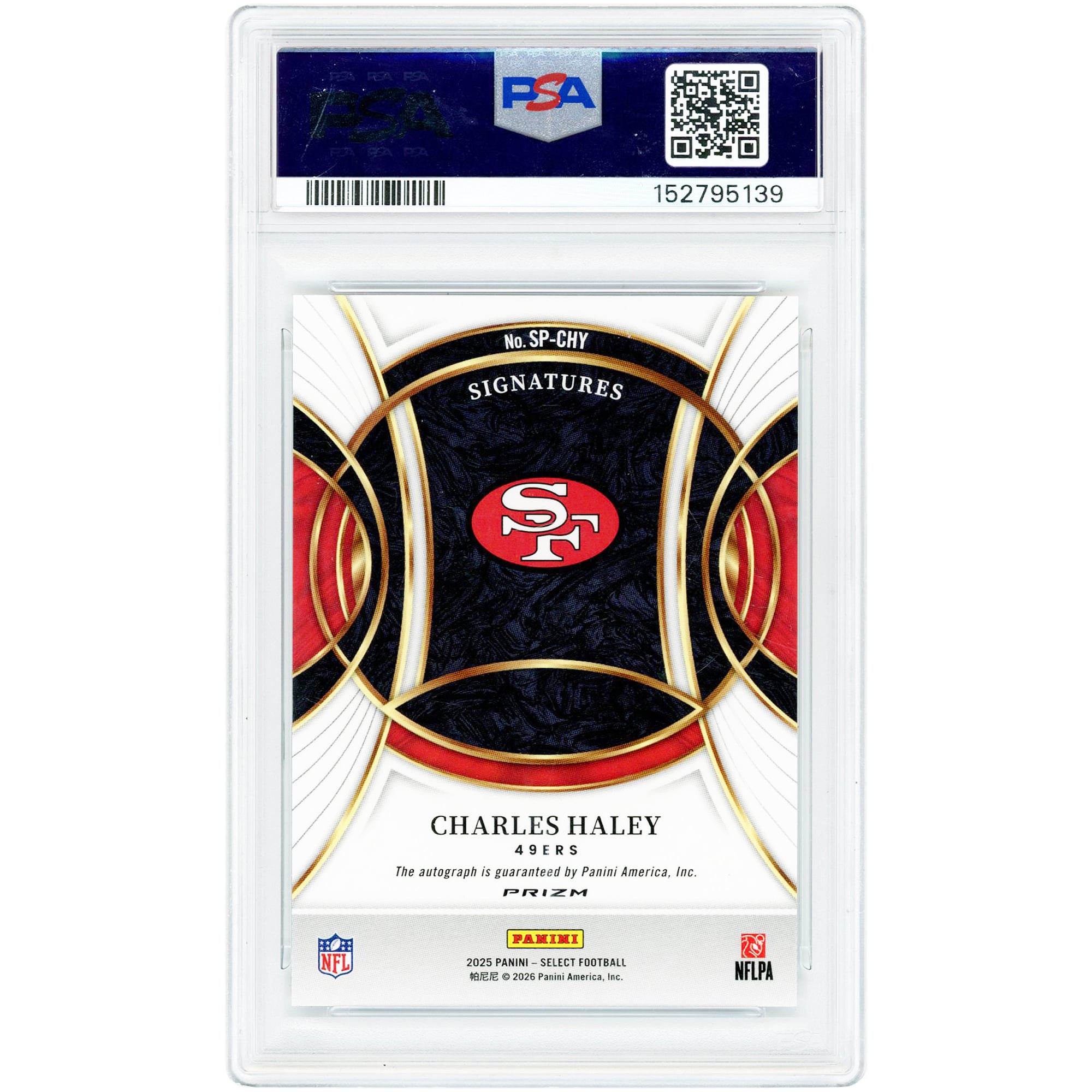 Carte autographiée de Charles Haley (San Francisco 49ers) - Collection Panini Select Signatures 2025 #SP-CHY - Authentifiée par PSA (n° 10)