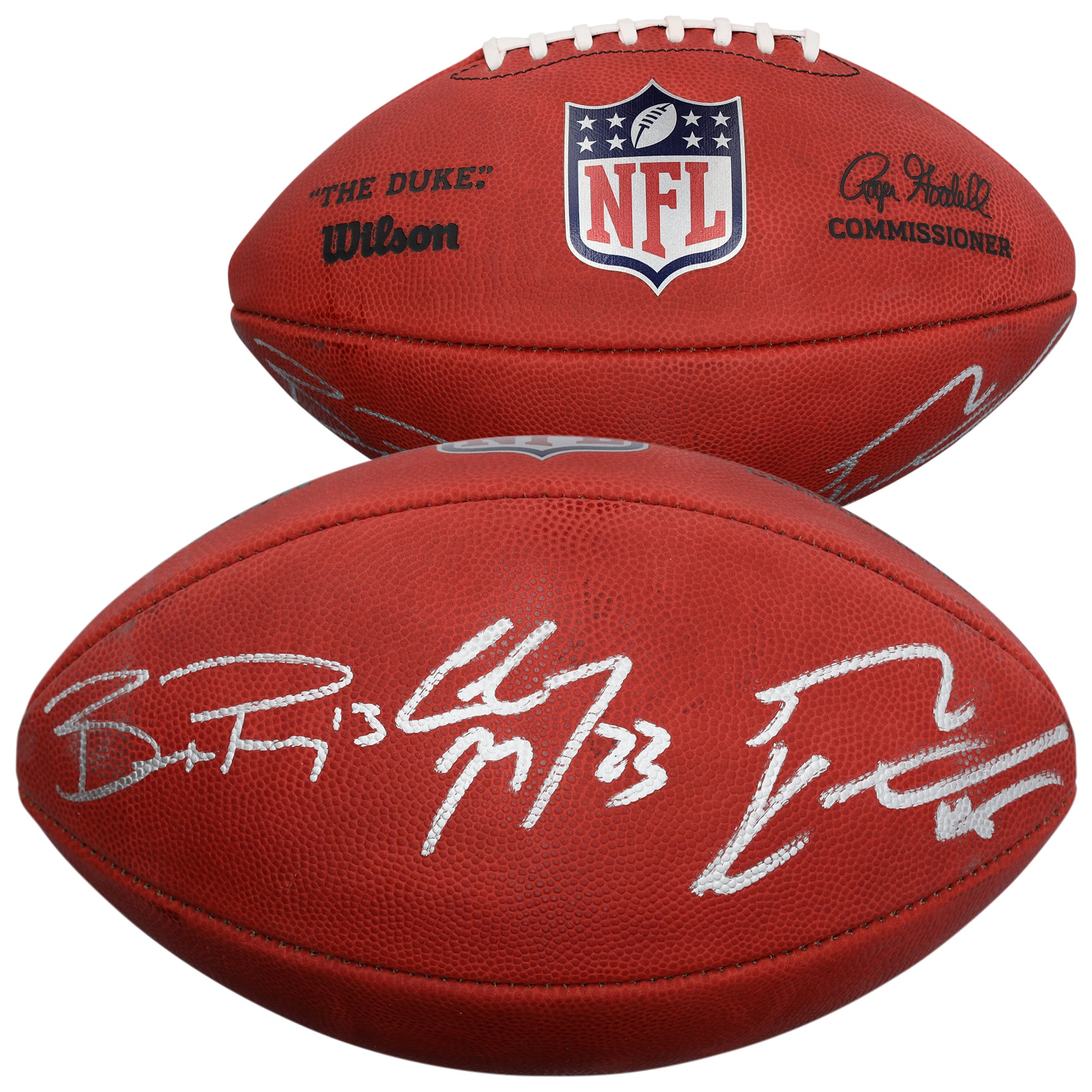 Ballon de football Wilson Duke en couleur autographié par Christian McCaffrey, Brock Purdy et George Kittle des 49ers de San Francisco