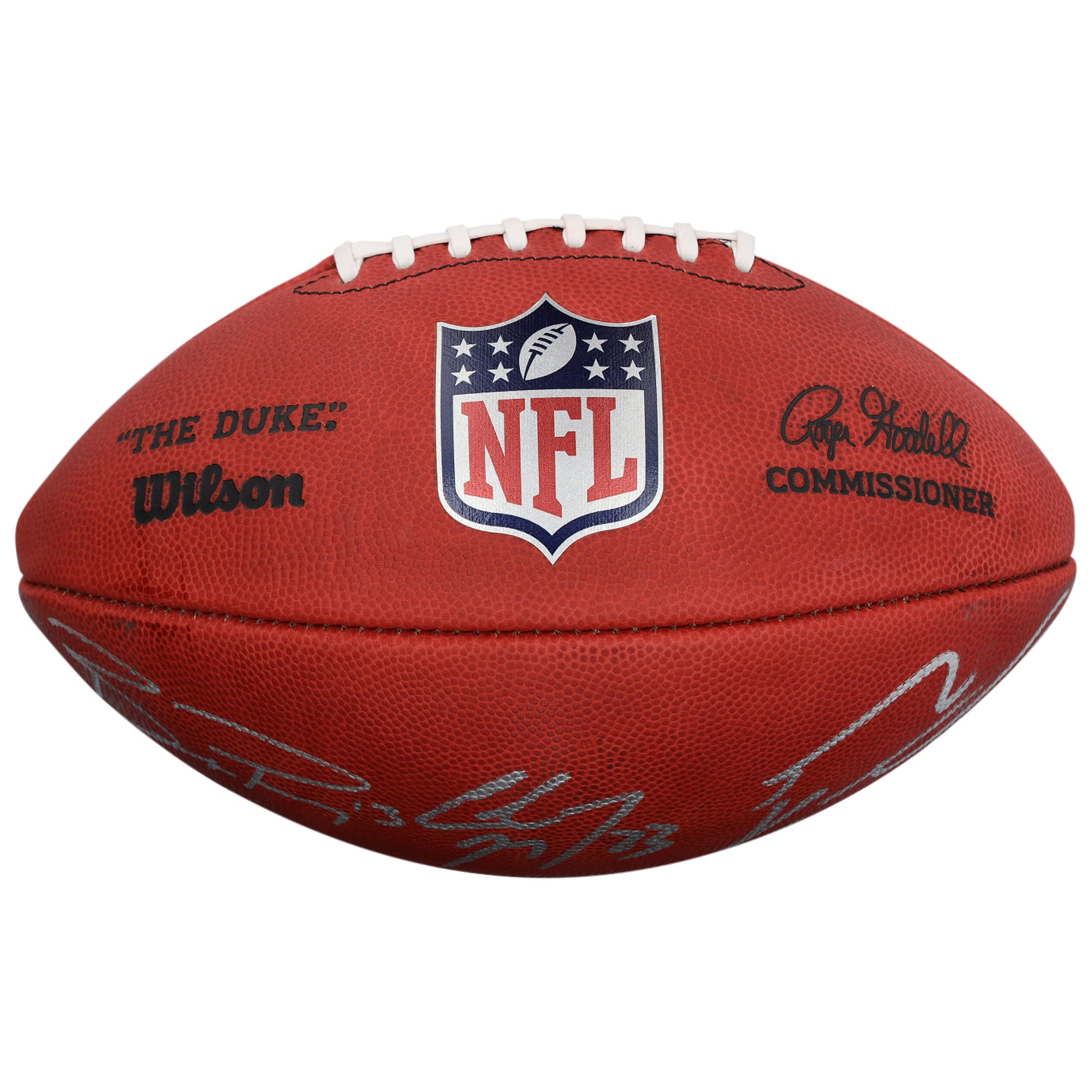Ballon de football Wilson Duke en couleur autographié par Christian McCaffrey, Brock Purdy et George Kittle des 49ers de San Francisco