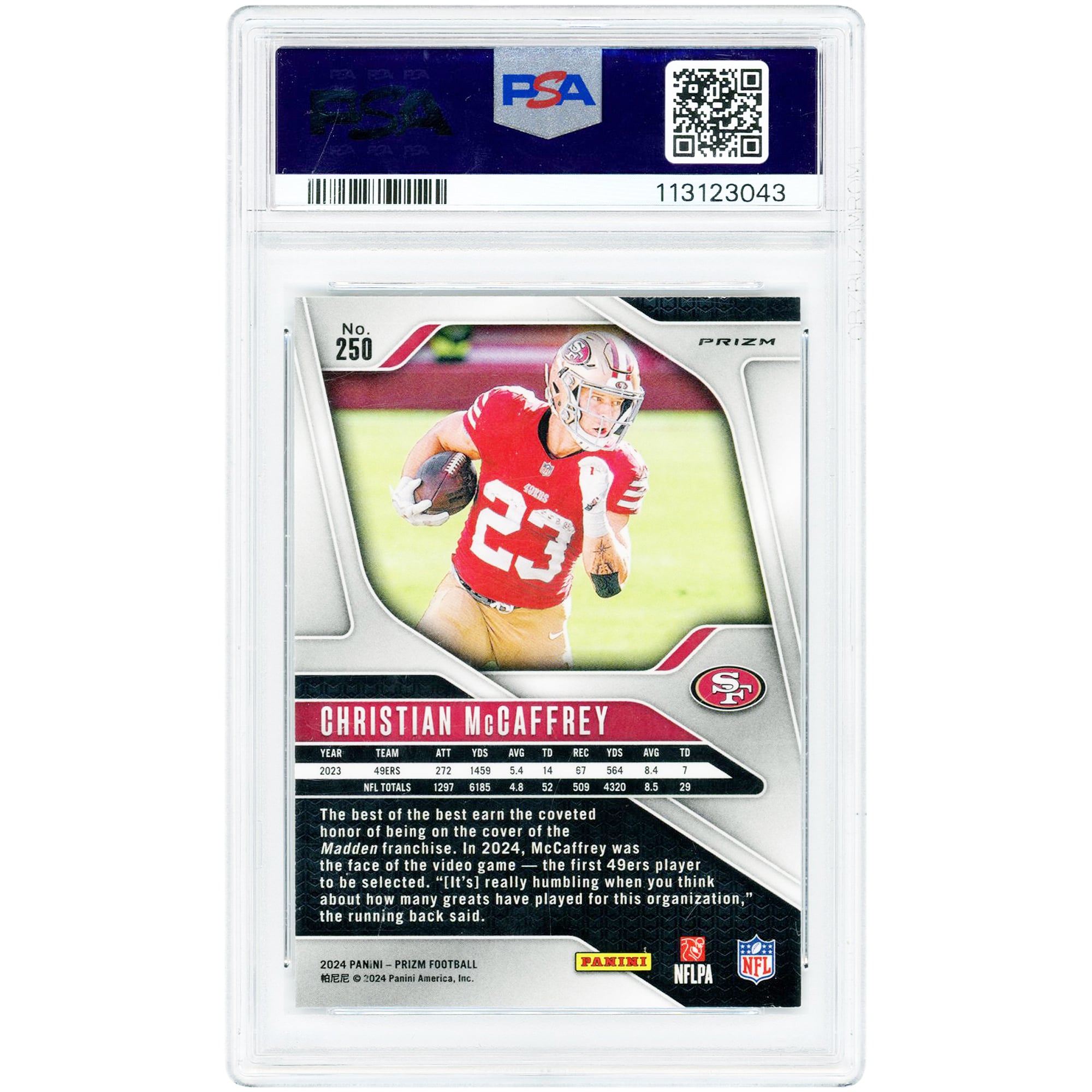 Carte Panini Prizm Snakeskin Prizm Case Hit n° 250 de Christian McCaffrey, San Francisco 49ers, édition 2024, authentifiée par PSA (10 cartes).