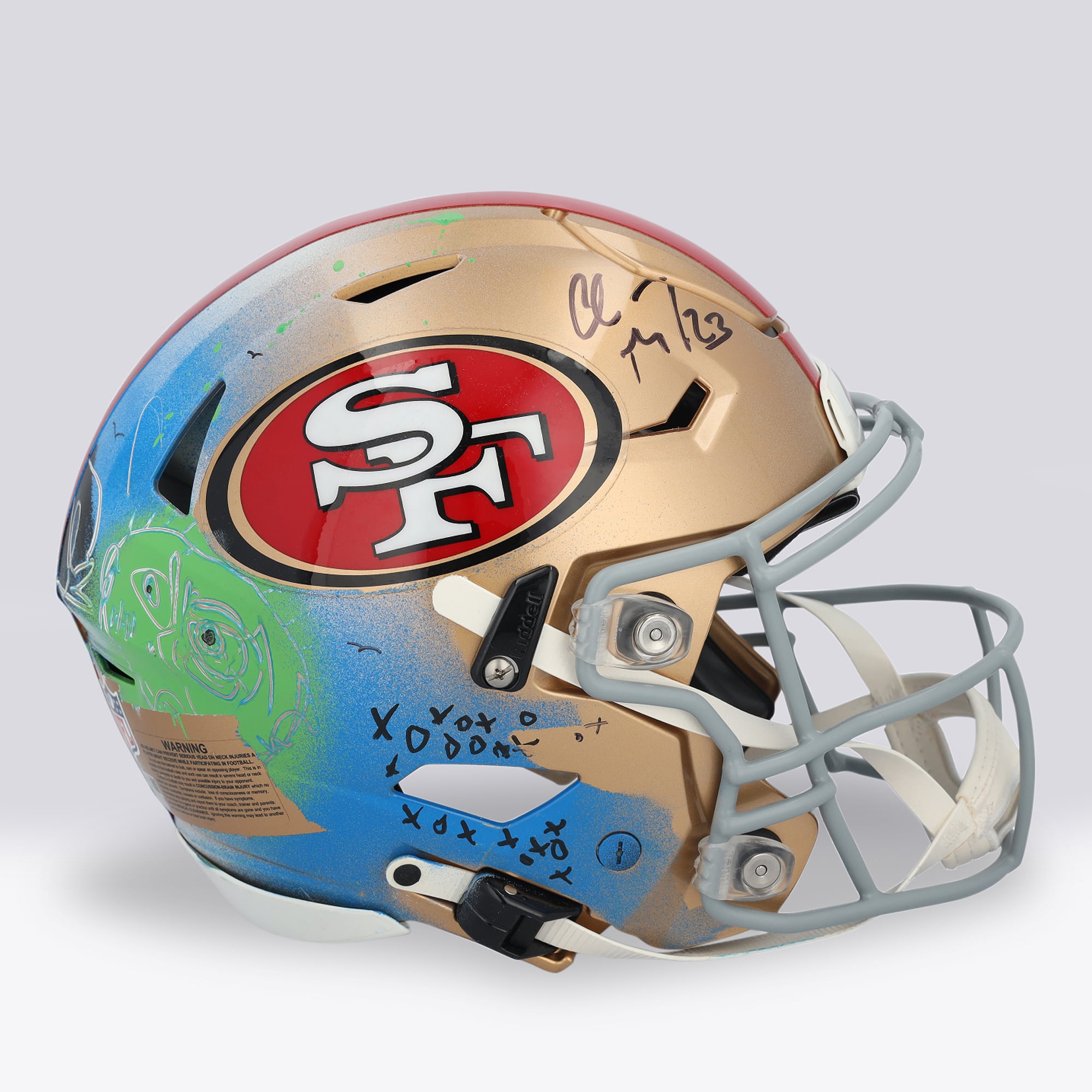 Casque Riddell Speed ​​Flex Authentic autographié par Christian McCaffrey des 49ers de San Francisco - Illustration de Caviar Coleman - Édition limitée n° 1/1 - UW25