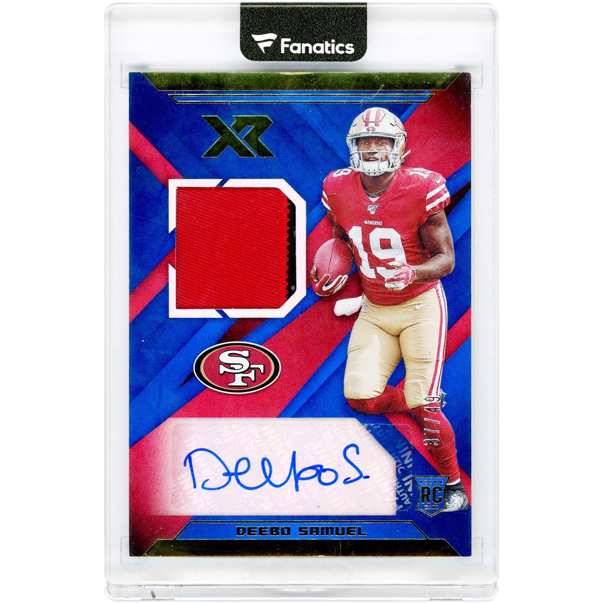 Carte de recrue autographiée Deebo Samuel des 49ers de San Francisco, édition 2019 Panini XR, relique de maillot bicolore bleu, numéro RSA-13, n° 37/49