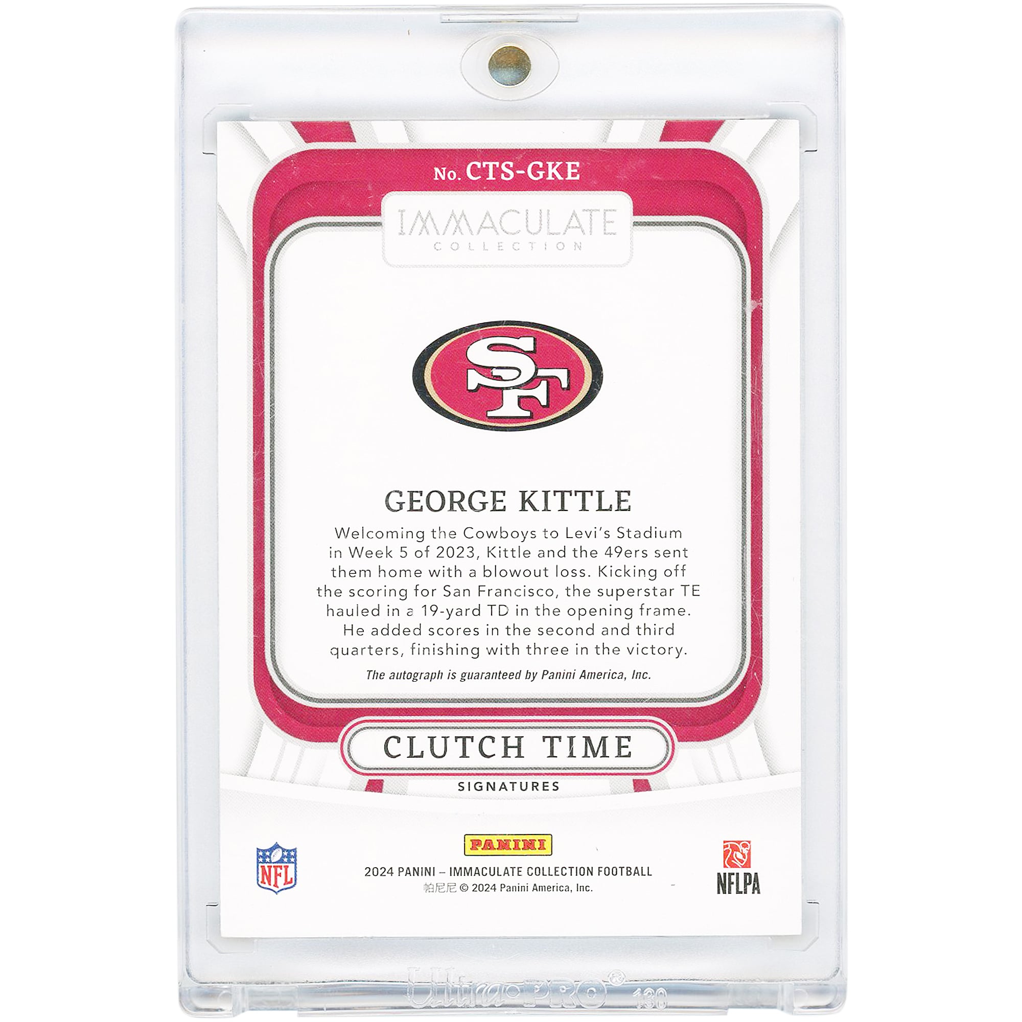 George Kittle San Francisco 49ers Autographed 2024 Panini Immaculate Collection Clutch Time #CTS-GKE #41/49 Card
