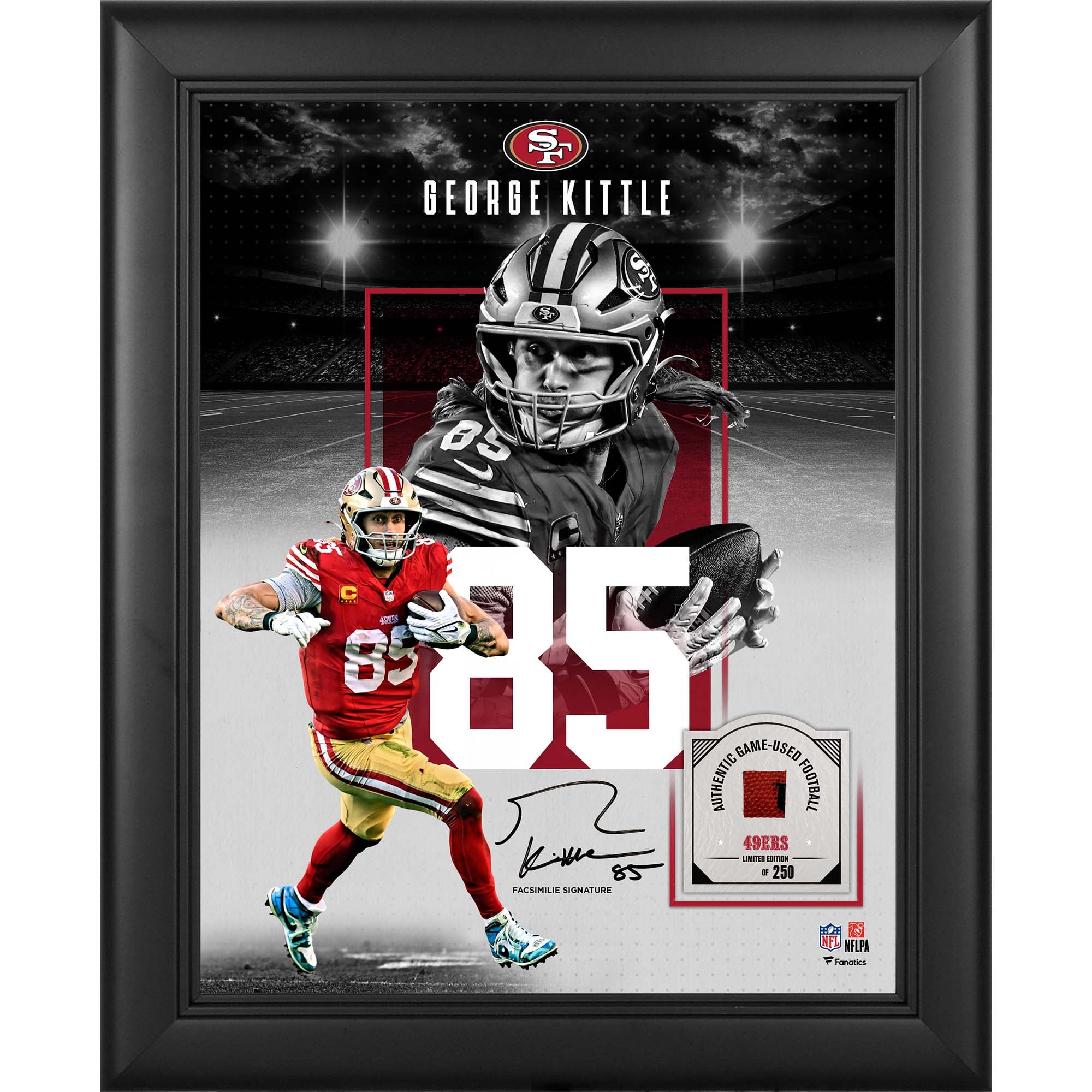 George Kittle San Francisco 49ers Facsimile Signature Framed 11" x 14" Showcase Collage with a Piece of Game-Used Football - Limited Edition of 250