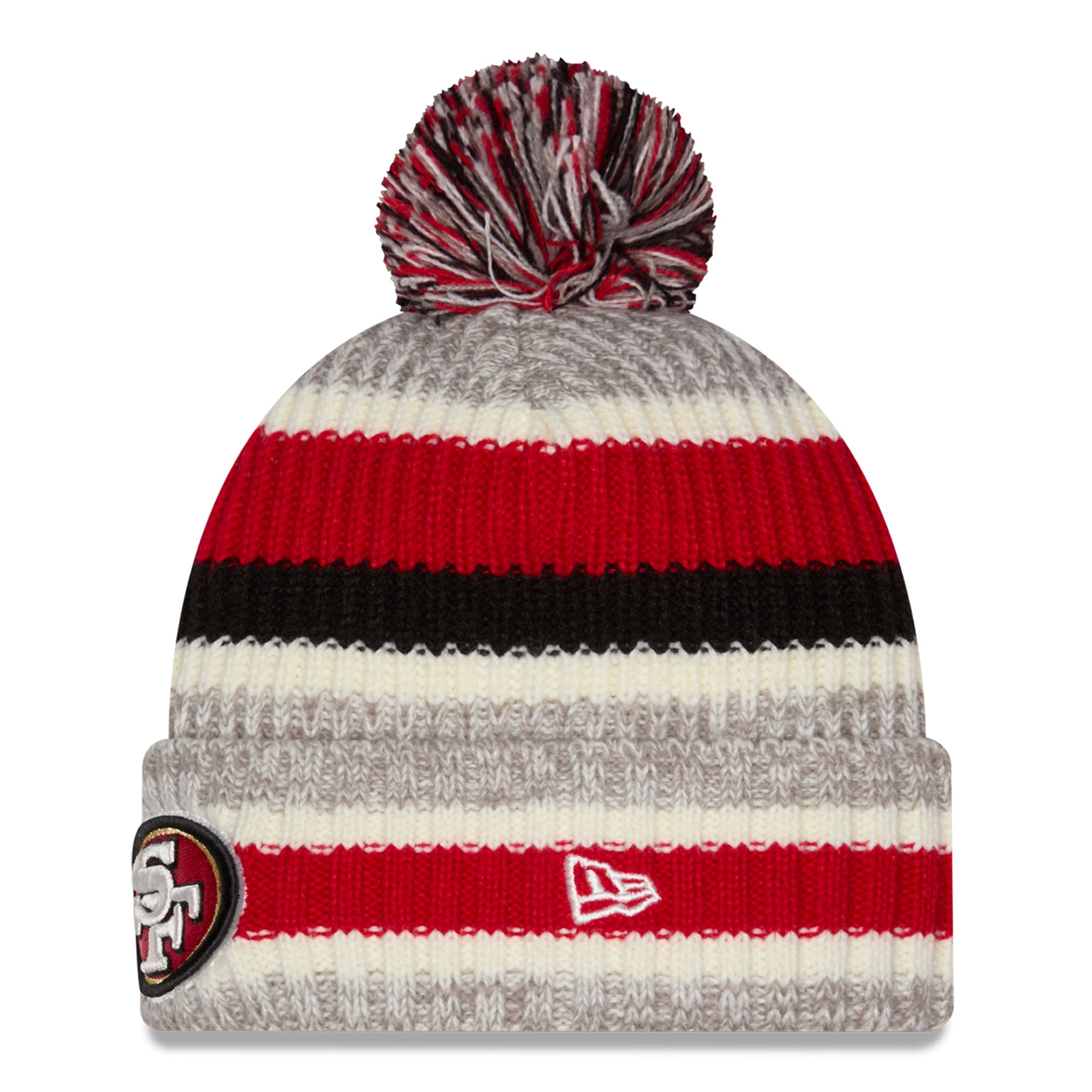 Bonnet rayé écarlate/beige à revers avec pompon, modèle New Era pour fille, San Francisco 49ers.