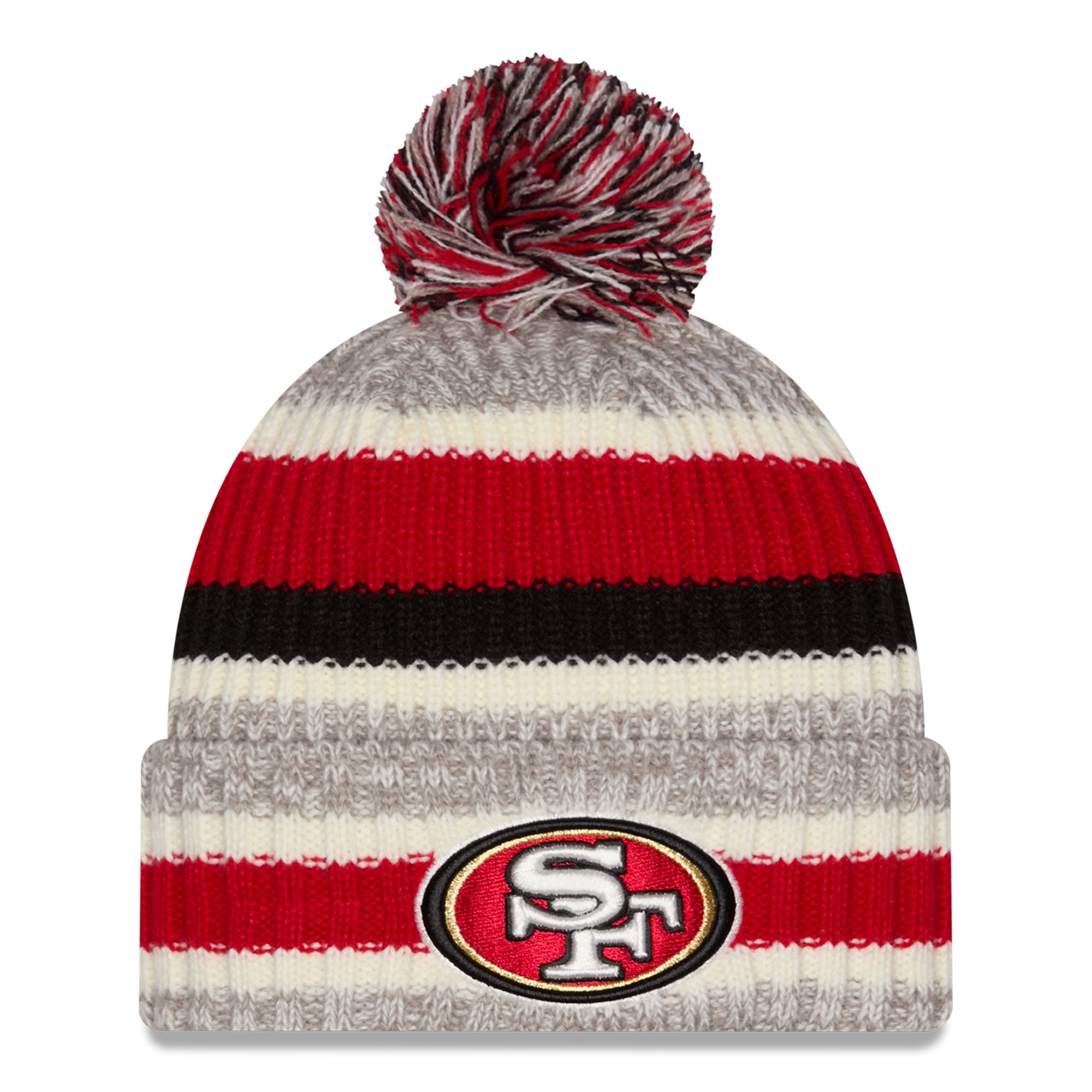 Bonnet rayé écarlate/beige à revers avec pompon, modèle New Era pour fille, San Francisco 49ers.