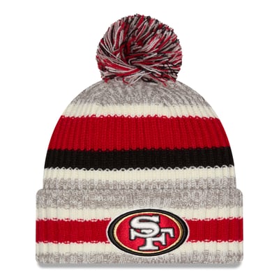 San Francisco 49ers New Era Girls Youth Stripe Cuffed Knit Hat with Pom - Scarlet/Beige