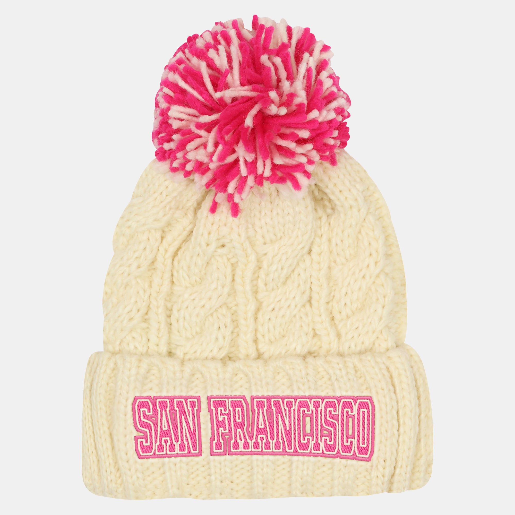 Bonnet en maille torsadée crème à revers avec pompon, modèle Outerstuff pour jeunes filles, San Francisco 49ers