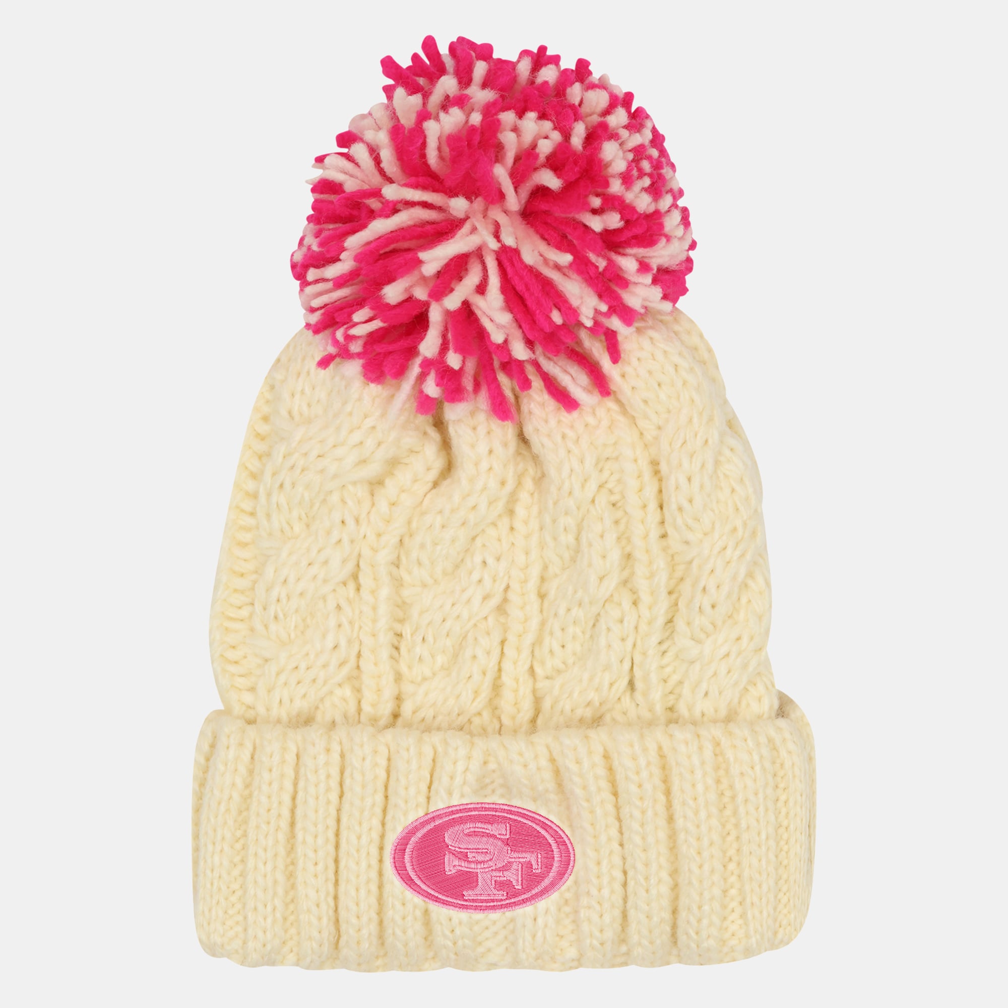 Bonnet en maille torsadée crème à revers avec pompon, modèle Outerstuff pour jeunes filles, San Francisco 49ers