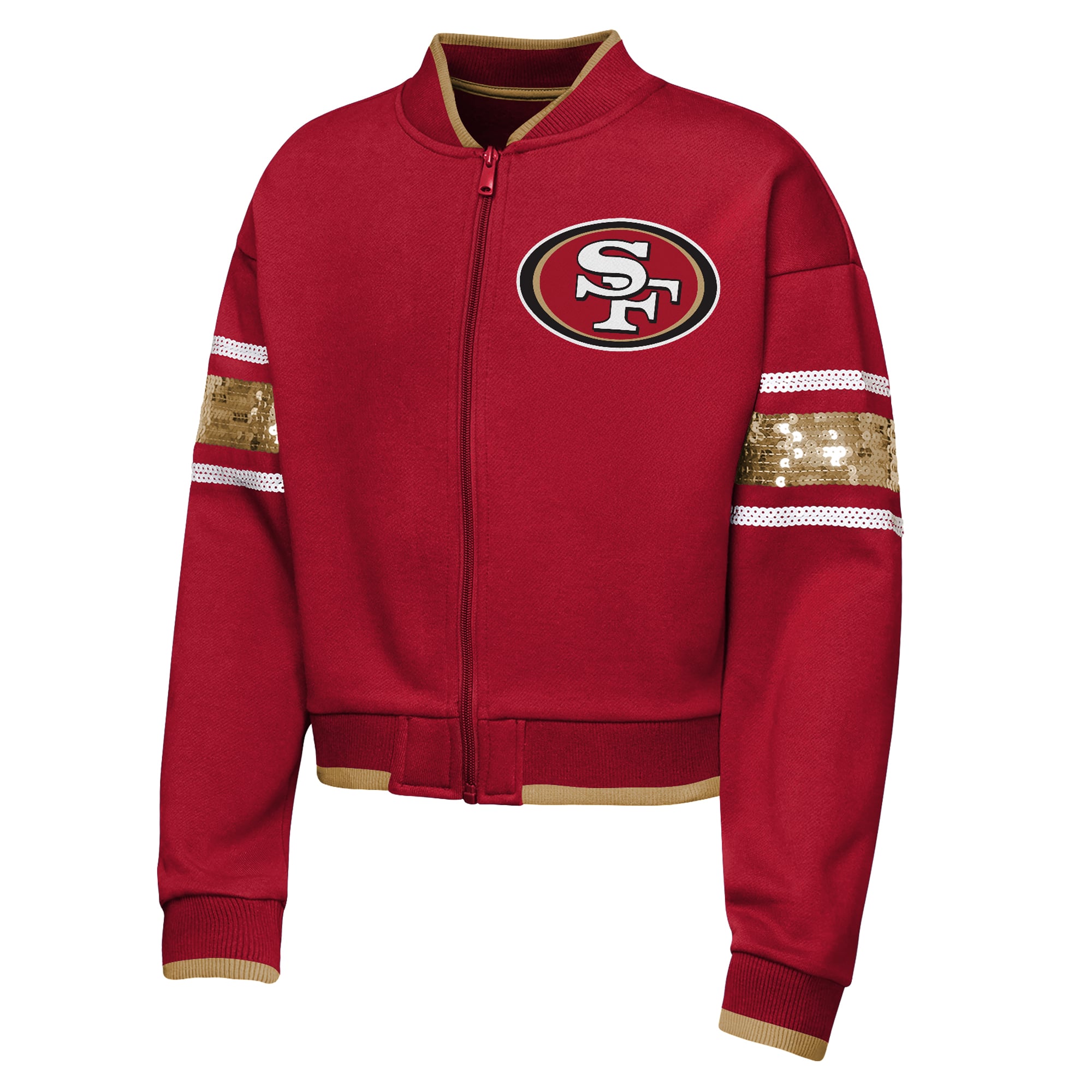 Girls Youth Outerstuff Scarlet San Francisco 49ers MVP Full-Zip Sequin Bomber Jacket
