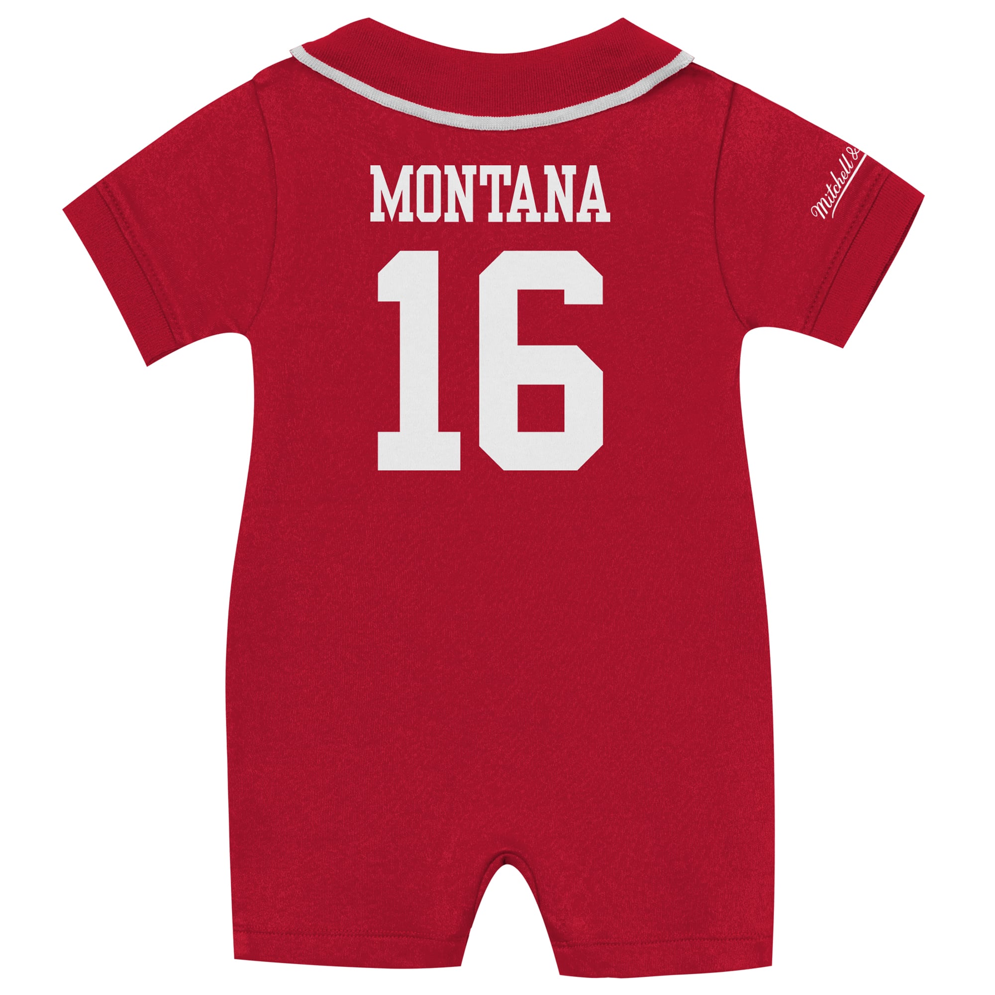 Combinaison de rugby rétro Joe Montana rouge écarlate pour bébé Mitchell & Ness, style Montana, des 49ers San Francisco.
