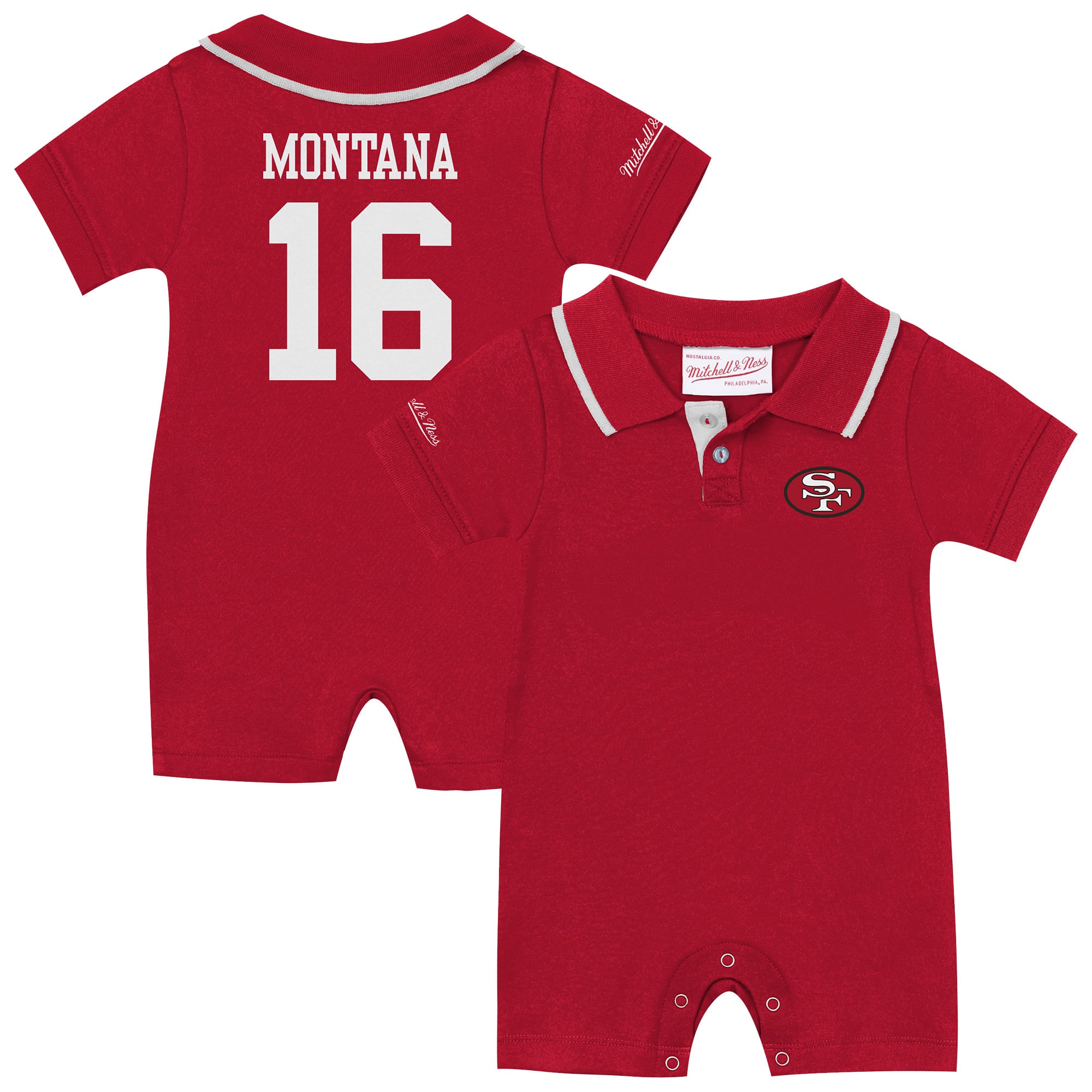 Combinaison de rugby rétro Joe Montana rouge écarlate pour bébé Mitchell & Ness, style Montana, des 49ers San Francisco.