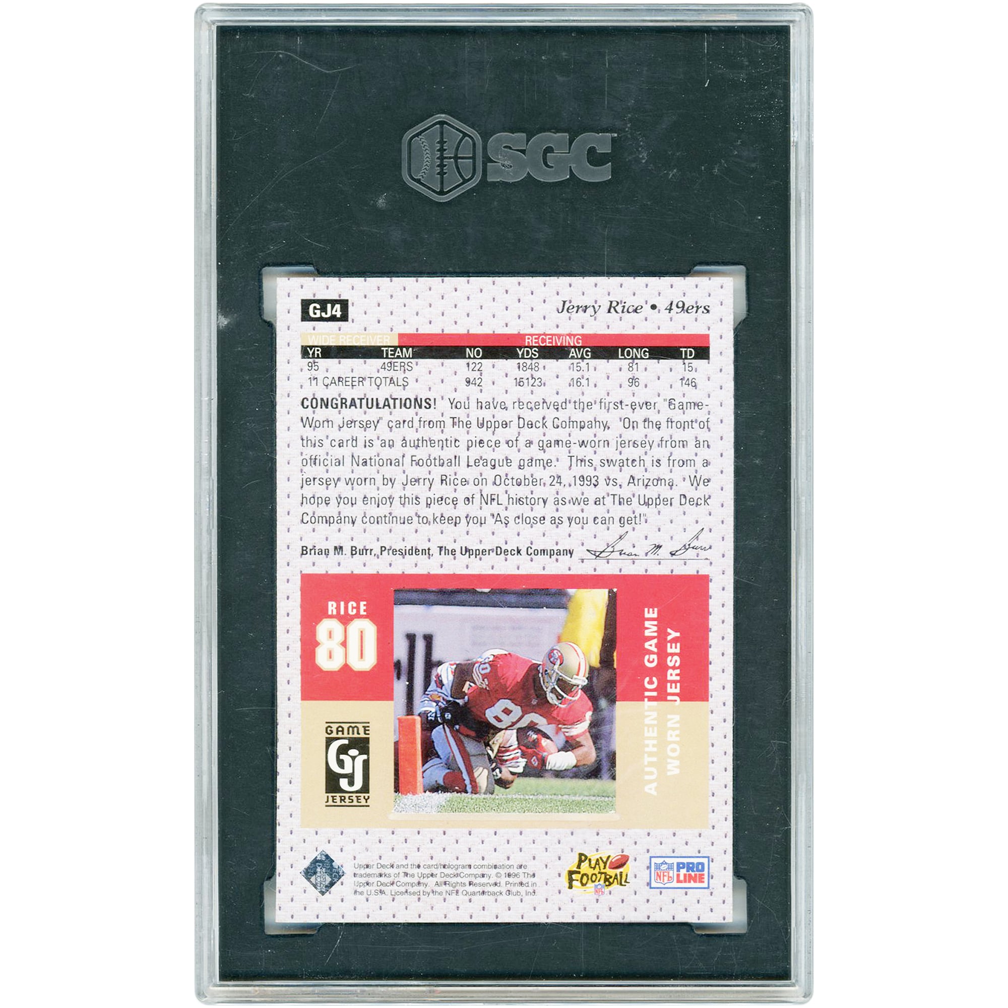 Jerry Rice San Francisco 49ers 1996 Upper Deck Game Used Jersey Relic #GJ4 SGC Authenticated Auth Card