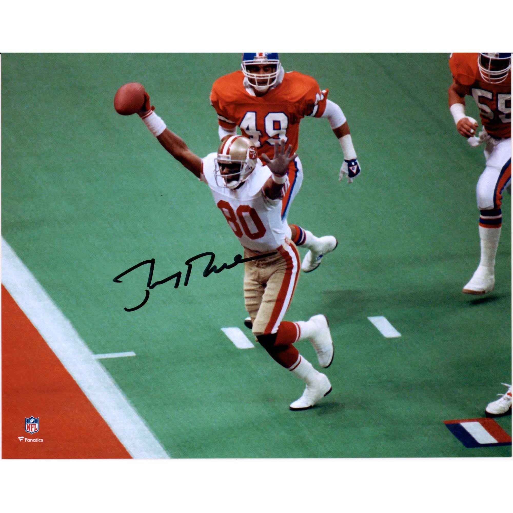 Photo autographiée de Jerry Rice (49ers de San Francisco), mains levées, 20 x 25 cm, contre les Broncos.