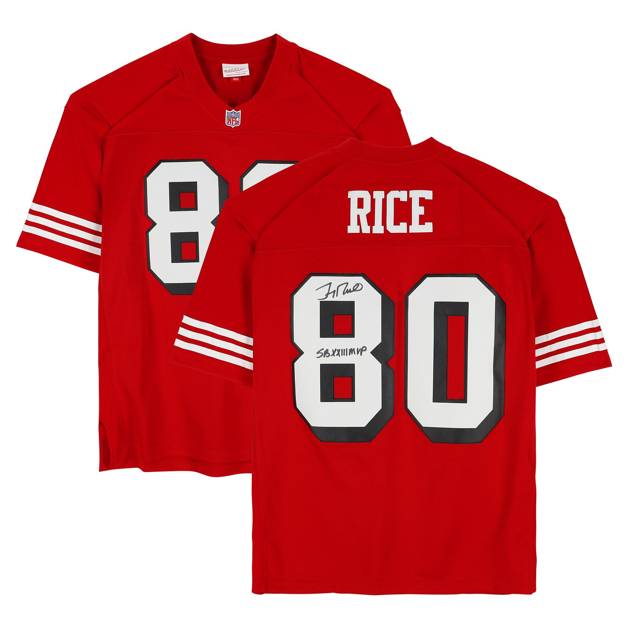 Maillot réplique rouge Mitchell & Ness 1994 autographié par Jerry Rice des 49ers de San Francisco, avec inscription « MVP du Super Bowl XXIII ».