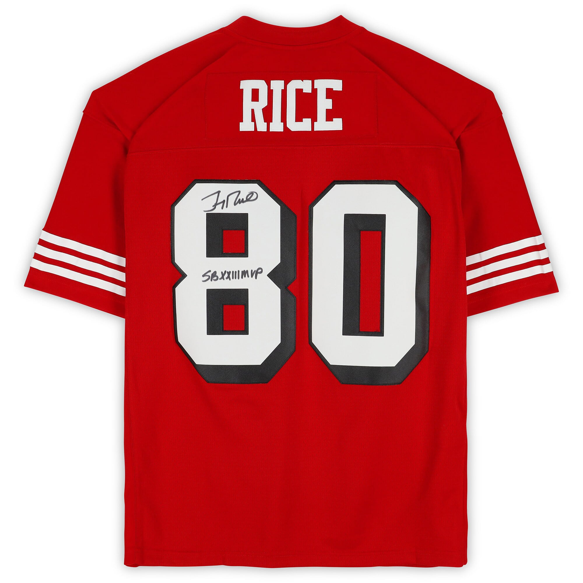 Maillot réplique rouge Mitchell & Ness 1994 autographié par Jerry Rice des 49ers de San Francisco, avec inscription « MVP du Super Bowl XXIII ».