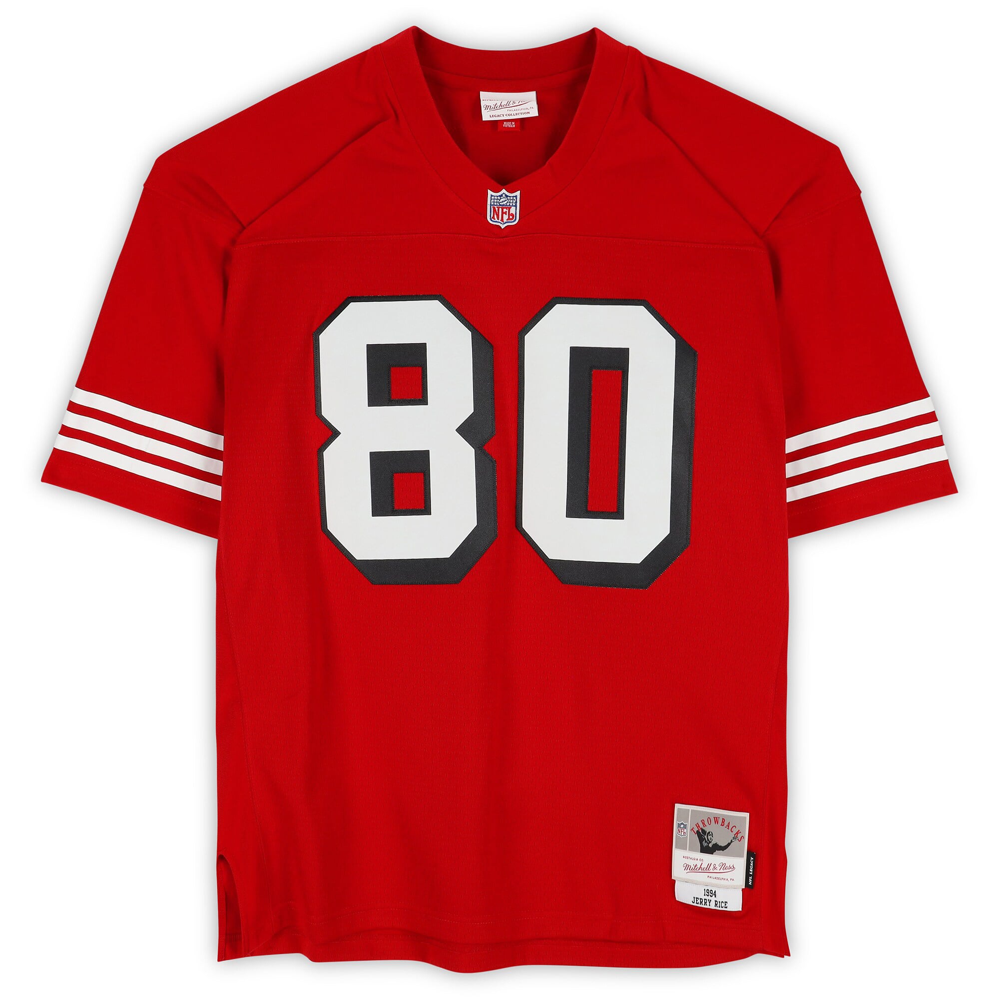 Maillot réplique rouge Mitchell & Ness 1994 autographié par Jerry Rice des 49ers de San Francisco, avec inscription « MVP du Super Bowl XXIII ».