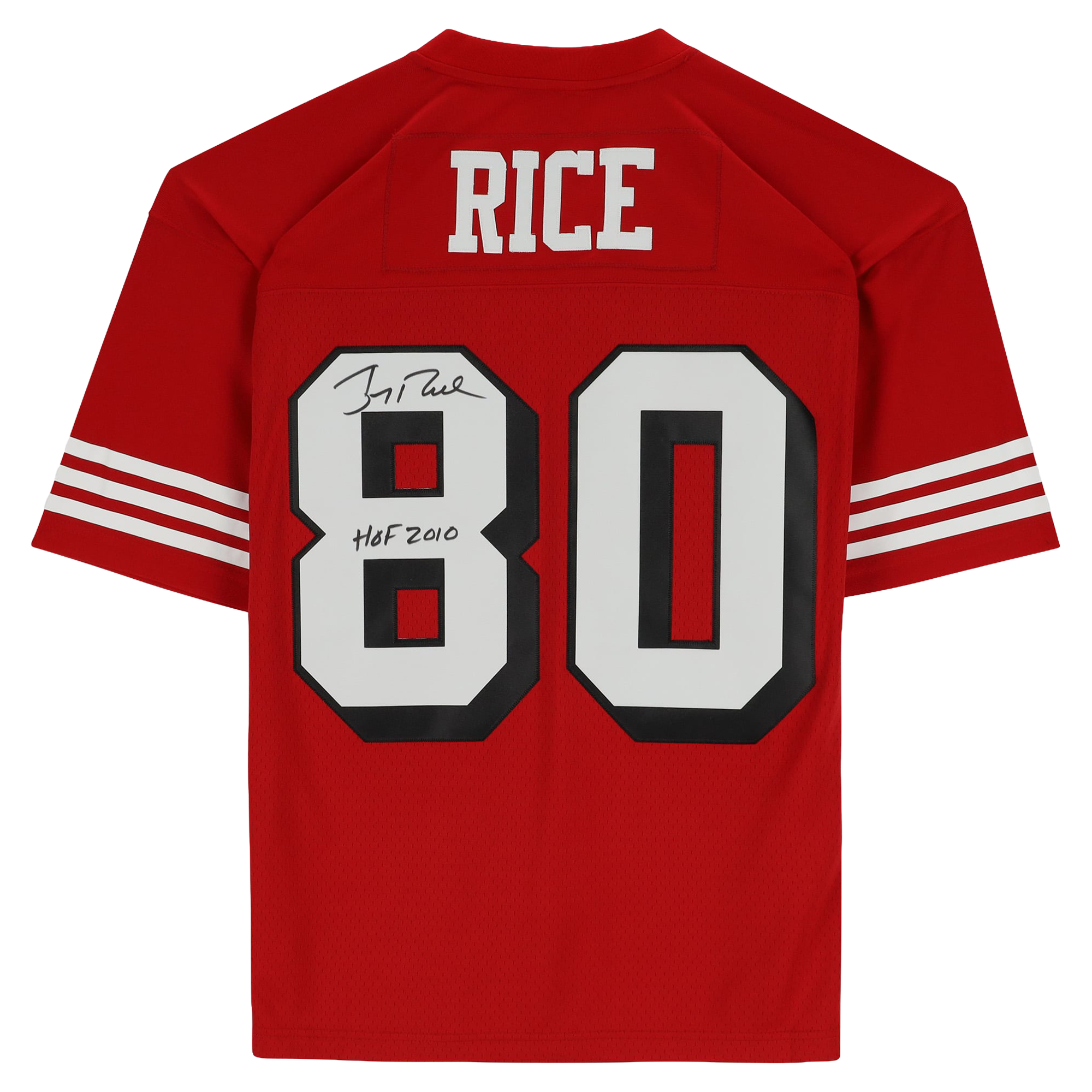 Maillot réplique rouge Mitchell & Ness autographié par Jerry Rice des 49ers de San Francisco, avec inscription « HOF 2010 ».