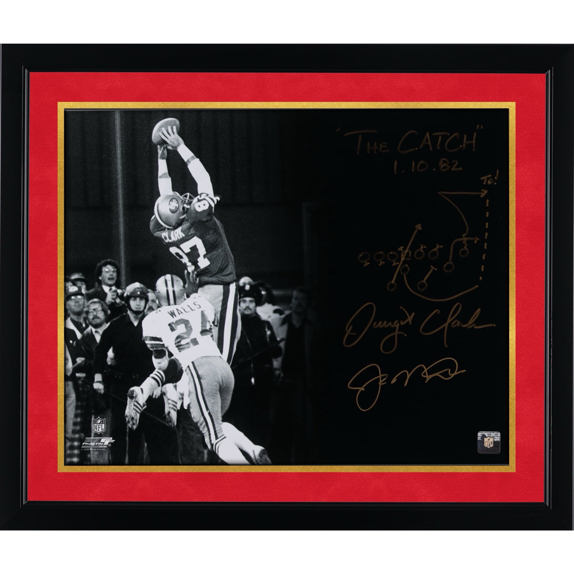 Joe Montana & Dwight Clark San Francisco 49ers Dual-Signed 16" x 20" Black & White The Catch Photograph with "The Catch 1.10.82" Inscription and Diagram of the Play