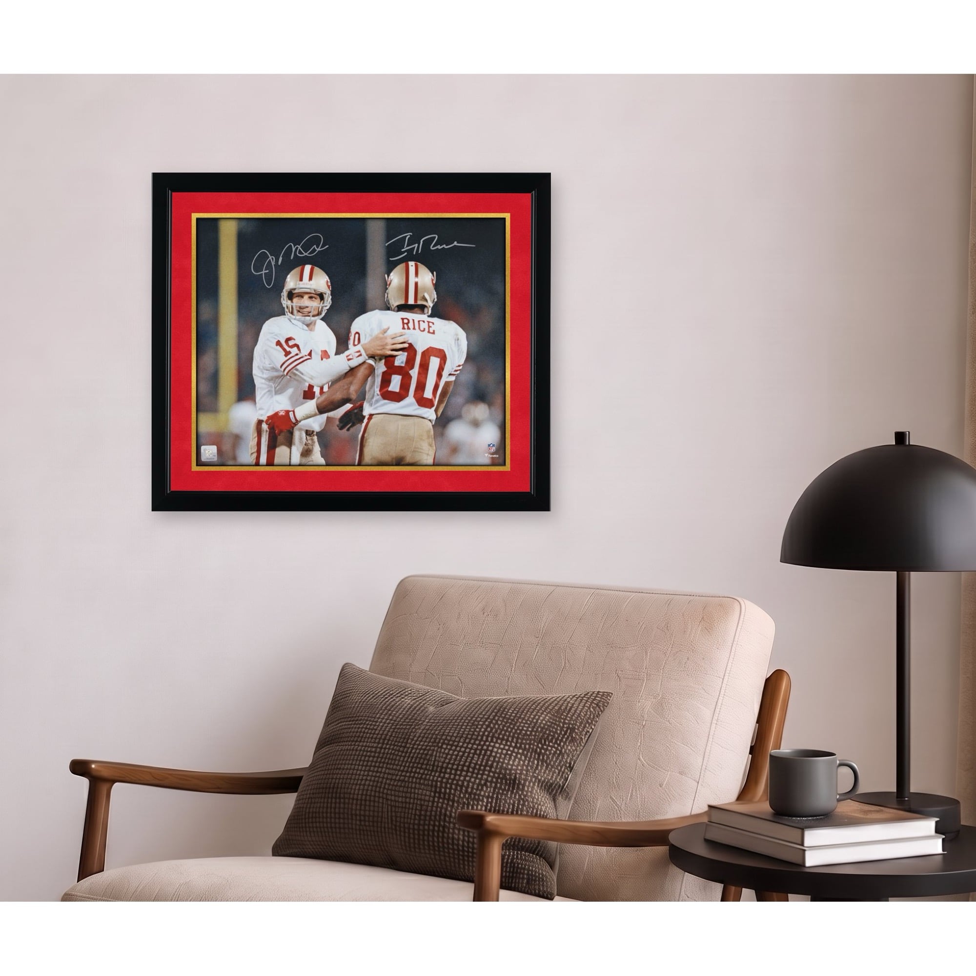 Photo de Joe Montana et Jerry Rice, joueurs des 49ers de San Francisco, signée par la critique (40 x 50 cm).