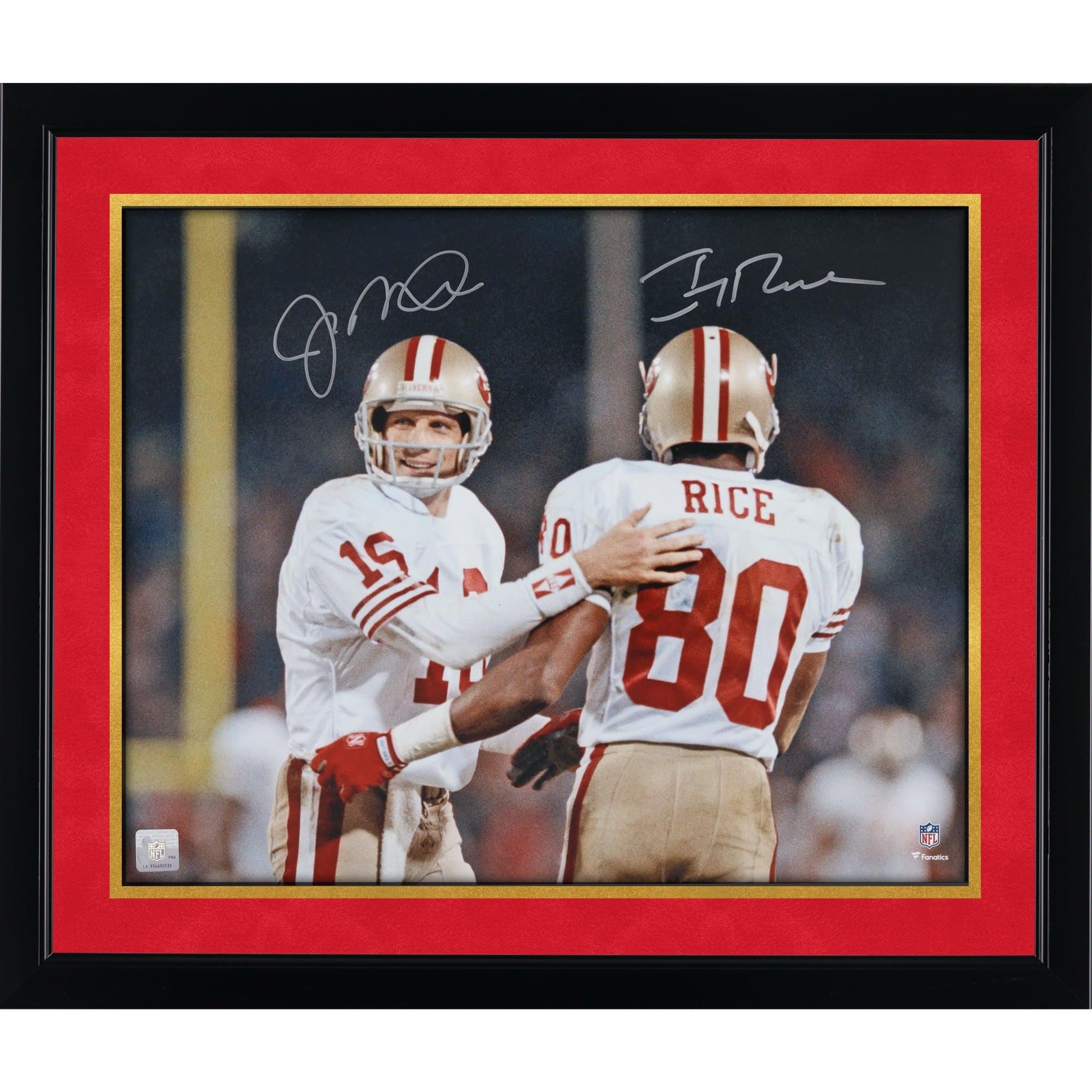 Photo de Joe Montana et Jerry Rice, joueurs des 49ers de San Francisco, signée par la critique (40 x 50 cm).