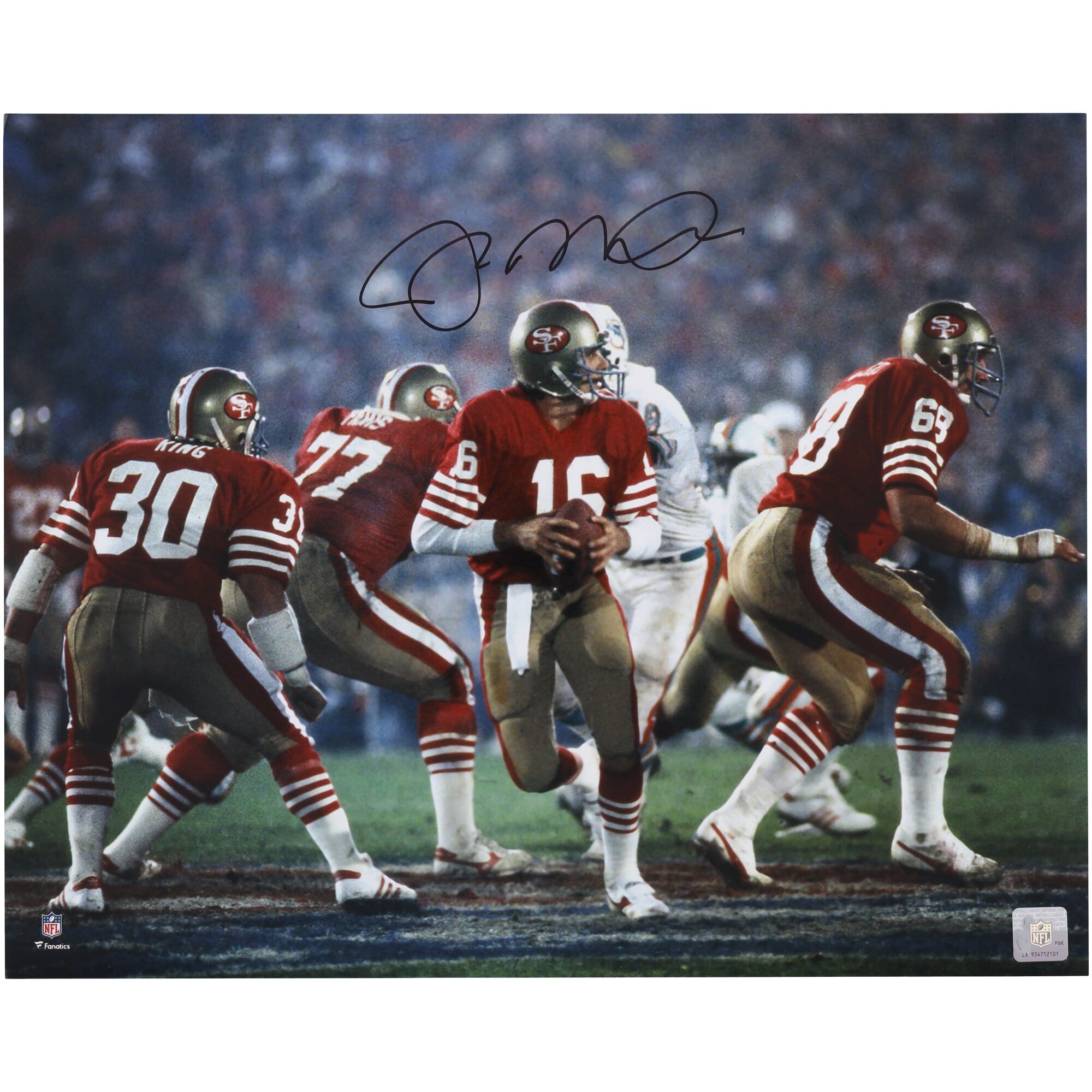 Photo dédicacée de Joe Montana, joueur des 49ers de San Francisco, format 40 x 50 cm (16 x 20 pouces), prise lors du Super Bowl XIX.