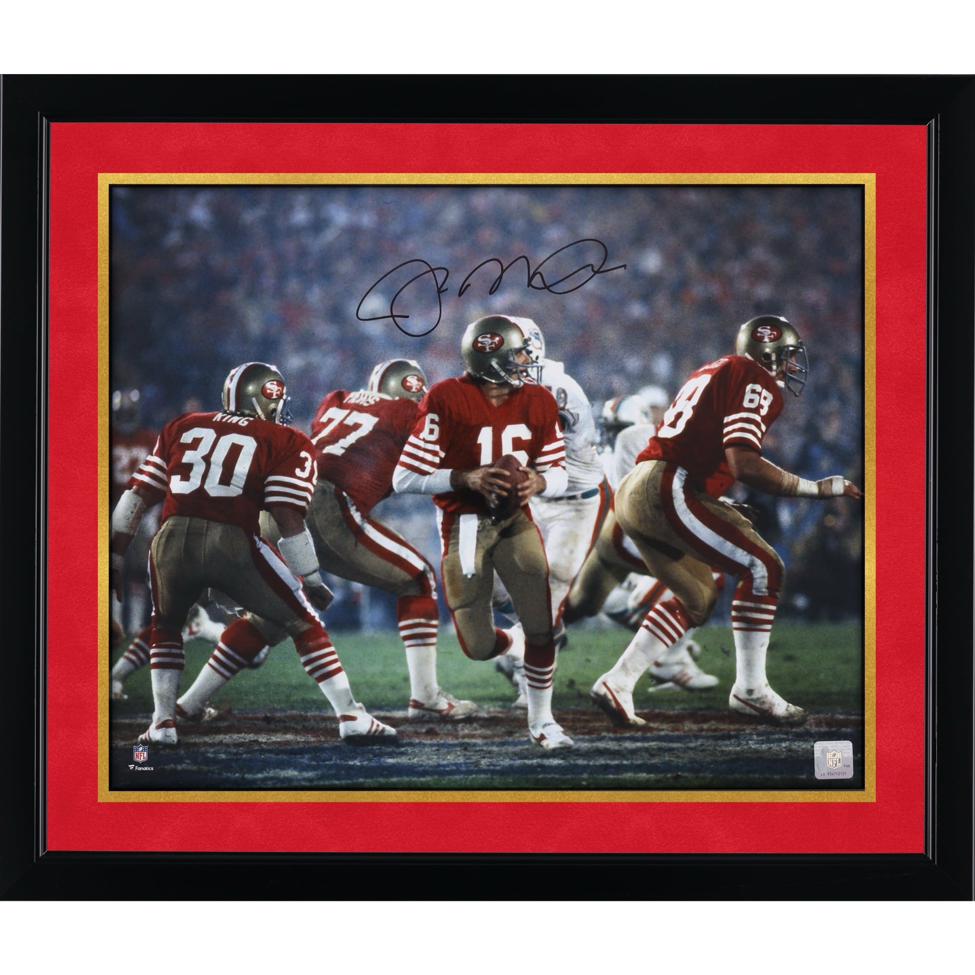 Photo dédicacée de Joe Montana, joueur des 49ers de San Francisco, format 40 x 50 cm (16 x 20 pouces), prise lors du Super Bowl XIX.