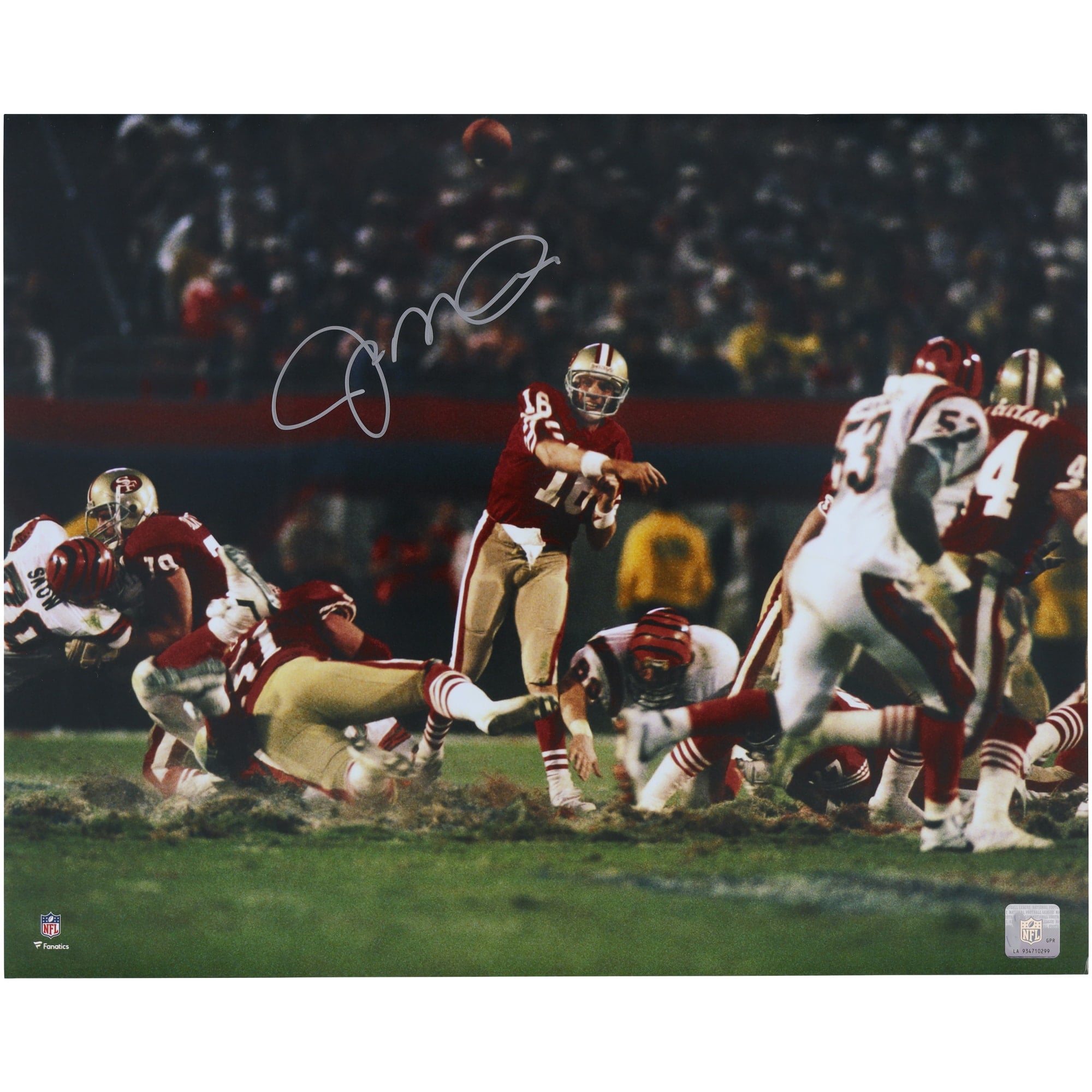 Photo dédicacée de Joe Montana (49ers de San Francisco) - 40 x 50 cm (16 x 20 pouces) - Lancer contre les Bengals