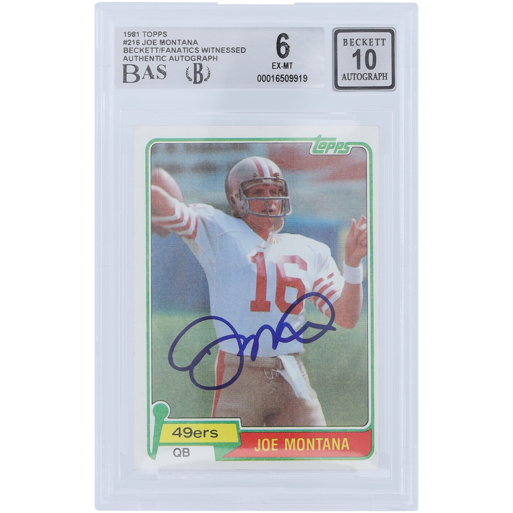 Carte de recrue 6/10 authentifiée signée par Joe Montana des San Francisco 49ers, Topps #216 de 1981, présentée par des fanatiques de Beckett
