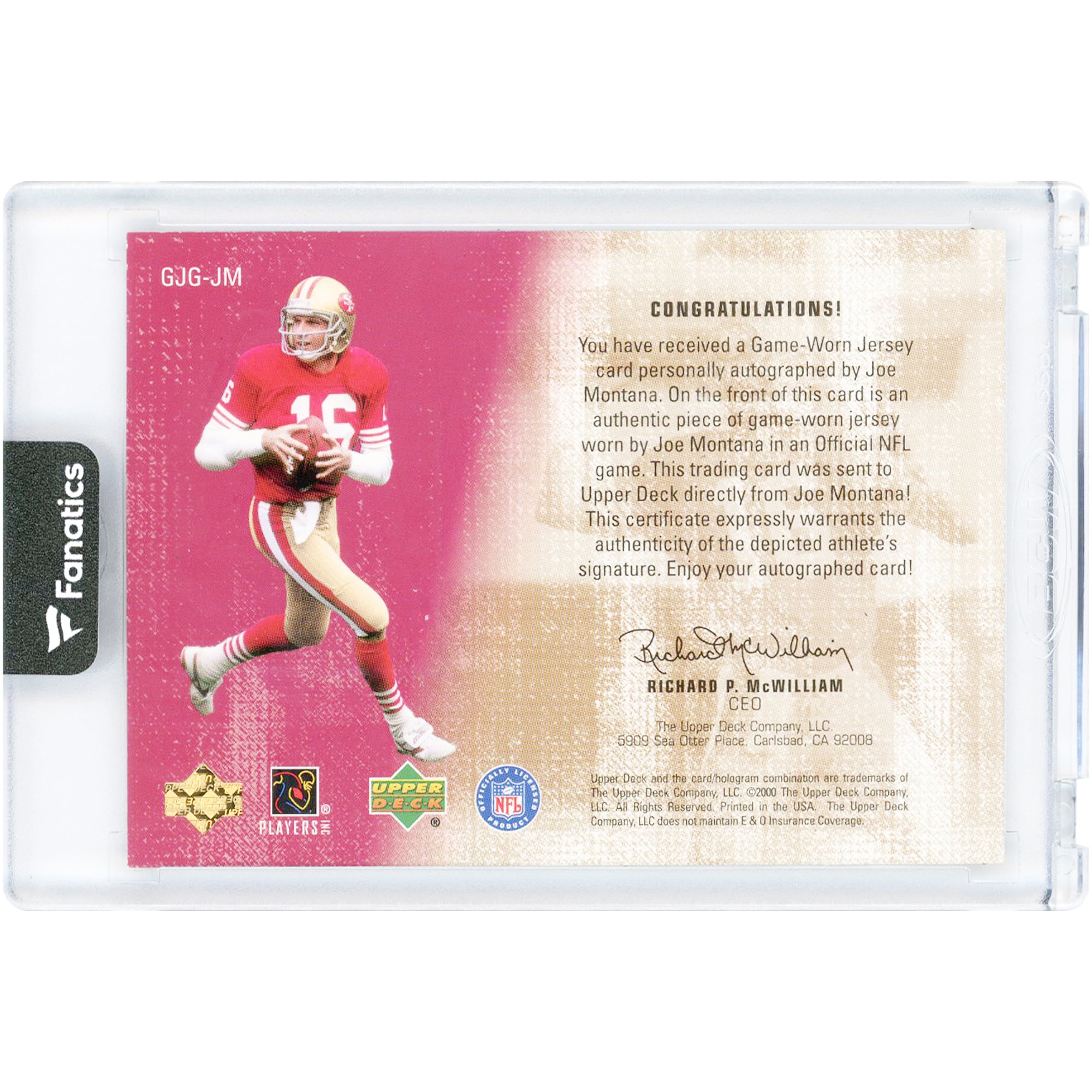 Joe Montana San Francisco 49ers Autographed 2000 Upper Deck Game-Jersey Greats Game Used Jersey Relic #GJG-JM Card