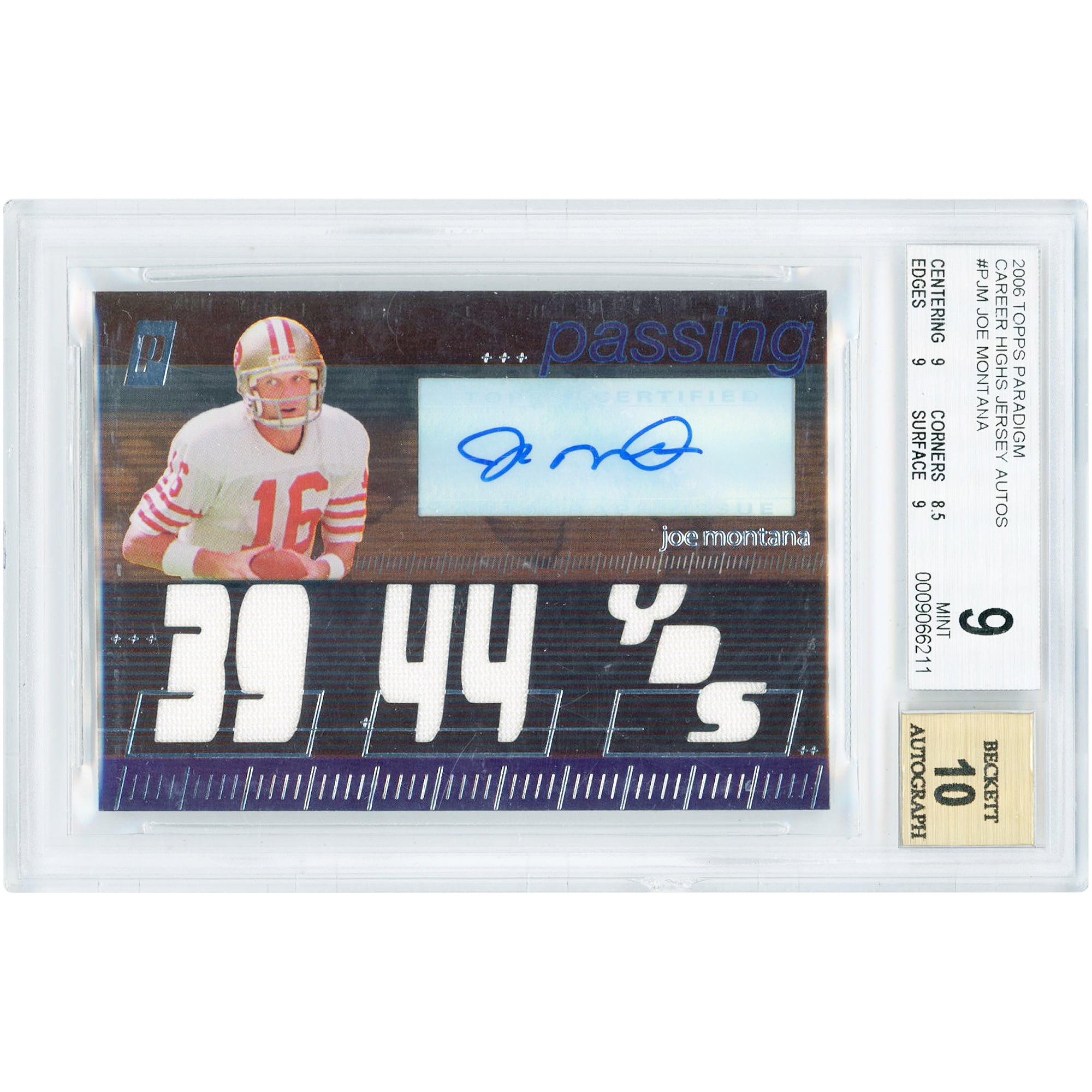 Joe Montana San Francisco 49ers Autographed 2006 Topps Paradigm Career Highs Jersey Relics #TPCHP-JM #92/99 BGS Authenticated 9/10 Card