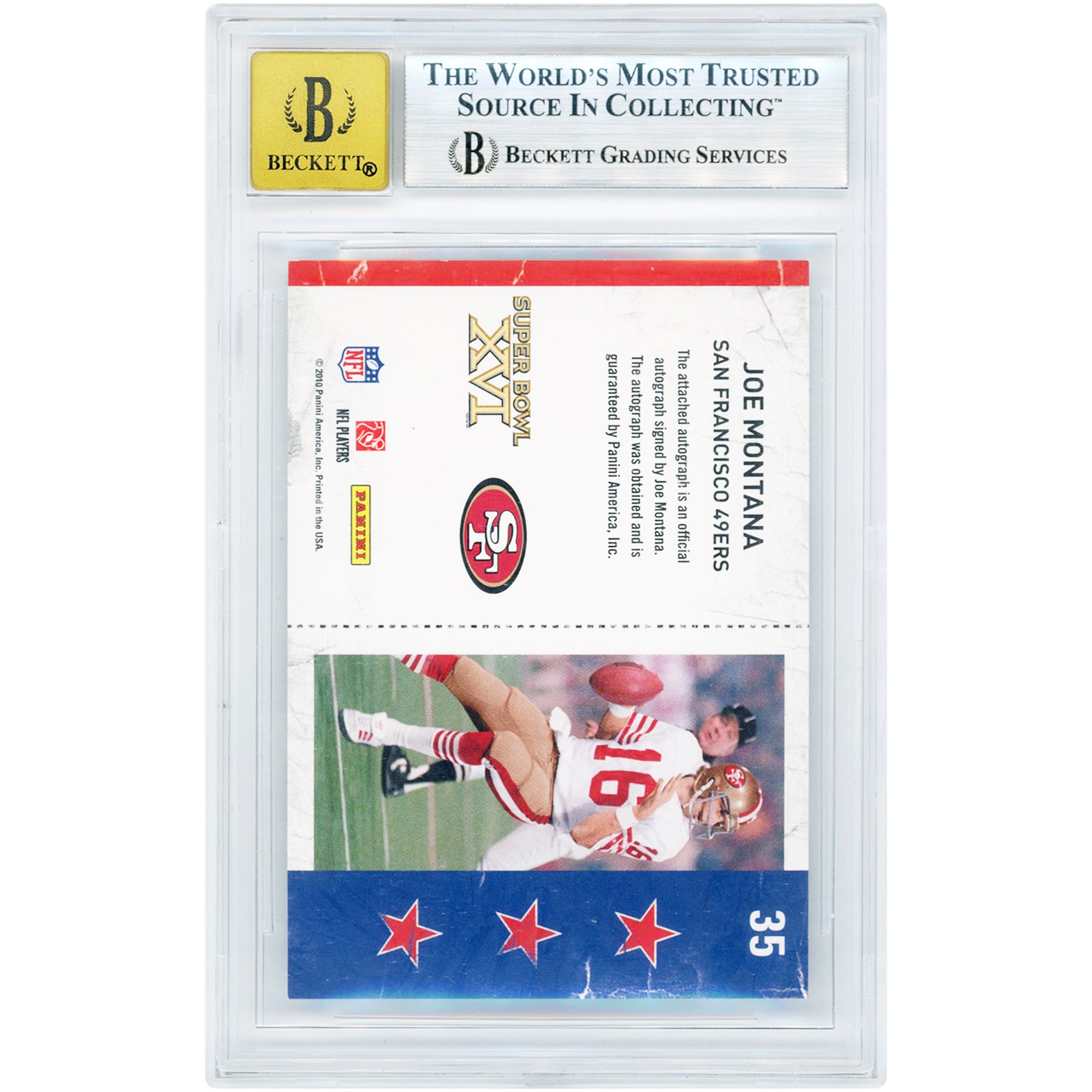 Carte autographiée de Joe Montana (San Francisco 49ers) - Collection Panini Playoff Contenders 2010 - Billets pour le Super Bowl n° 35 - Authentifiée BGS 9/10