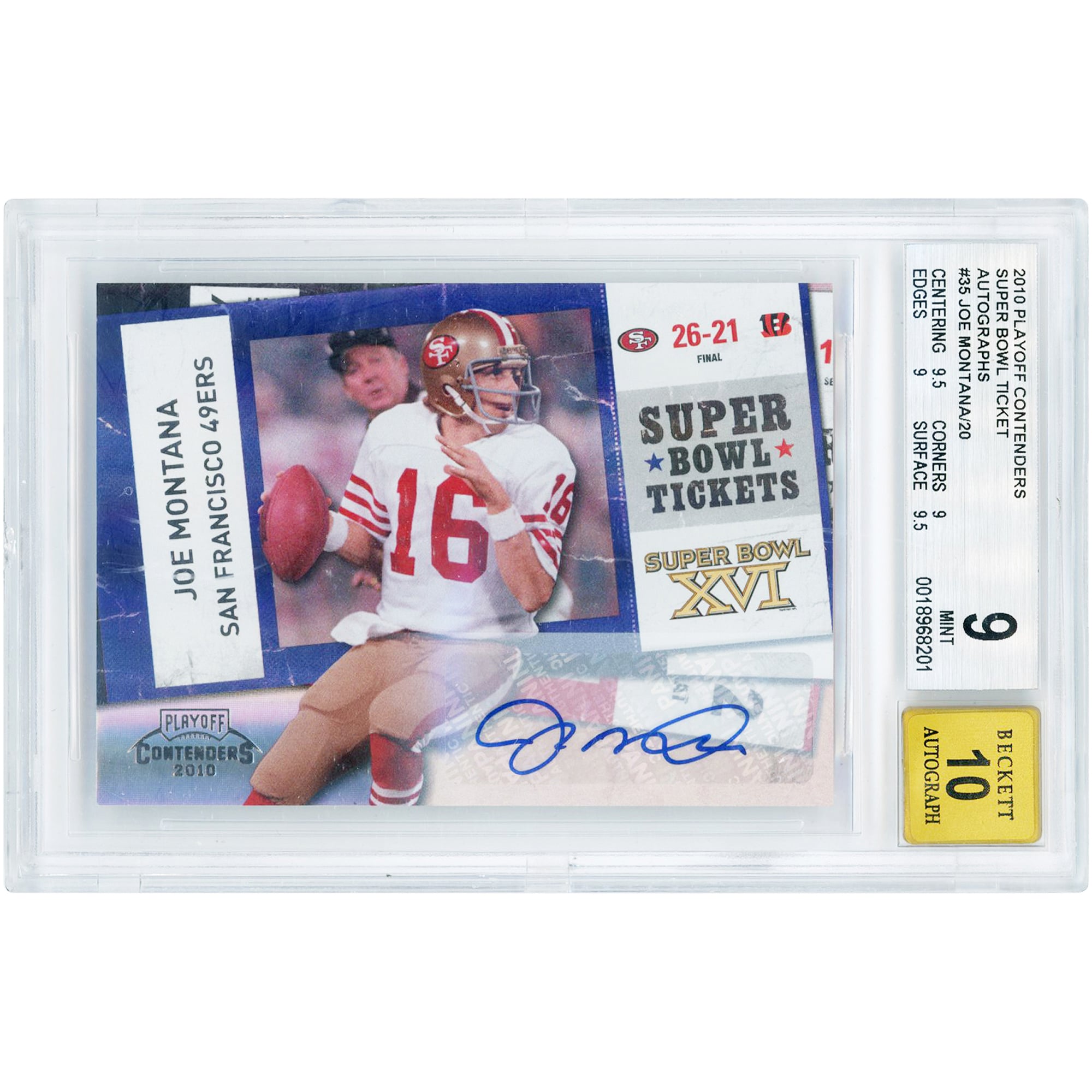 Carte autographiée de Joe Montana (San Francisco 49ers) - Collection Panini Playoff Contenders 2010 - Billets pour le Super Bowl n° 35 - Authentifiée BGS 9/10