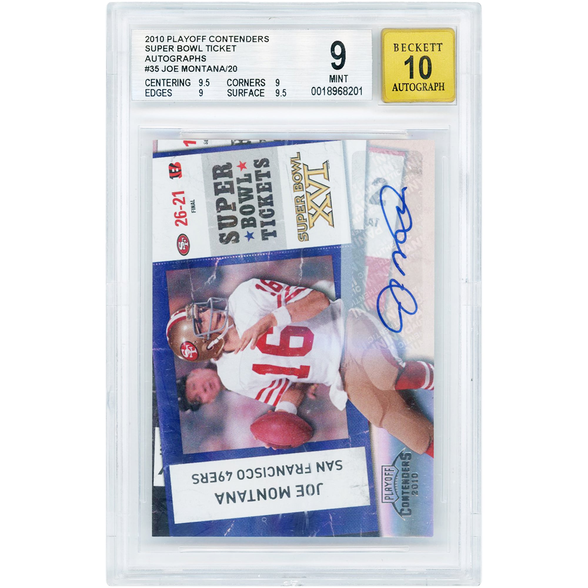 Carte autographiée de Joe Montana (San Francisco 49ers) - Collection Panini Playoff Contenders 2010 - Billets pour le Super Bowl n° 35 - Authentifiée BGS 9/10