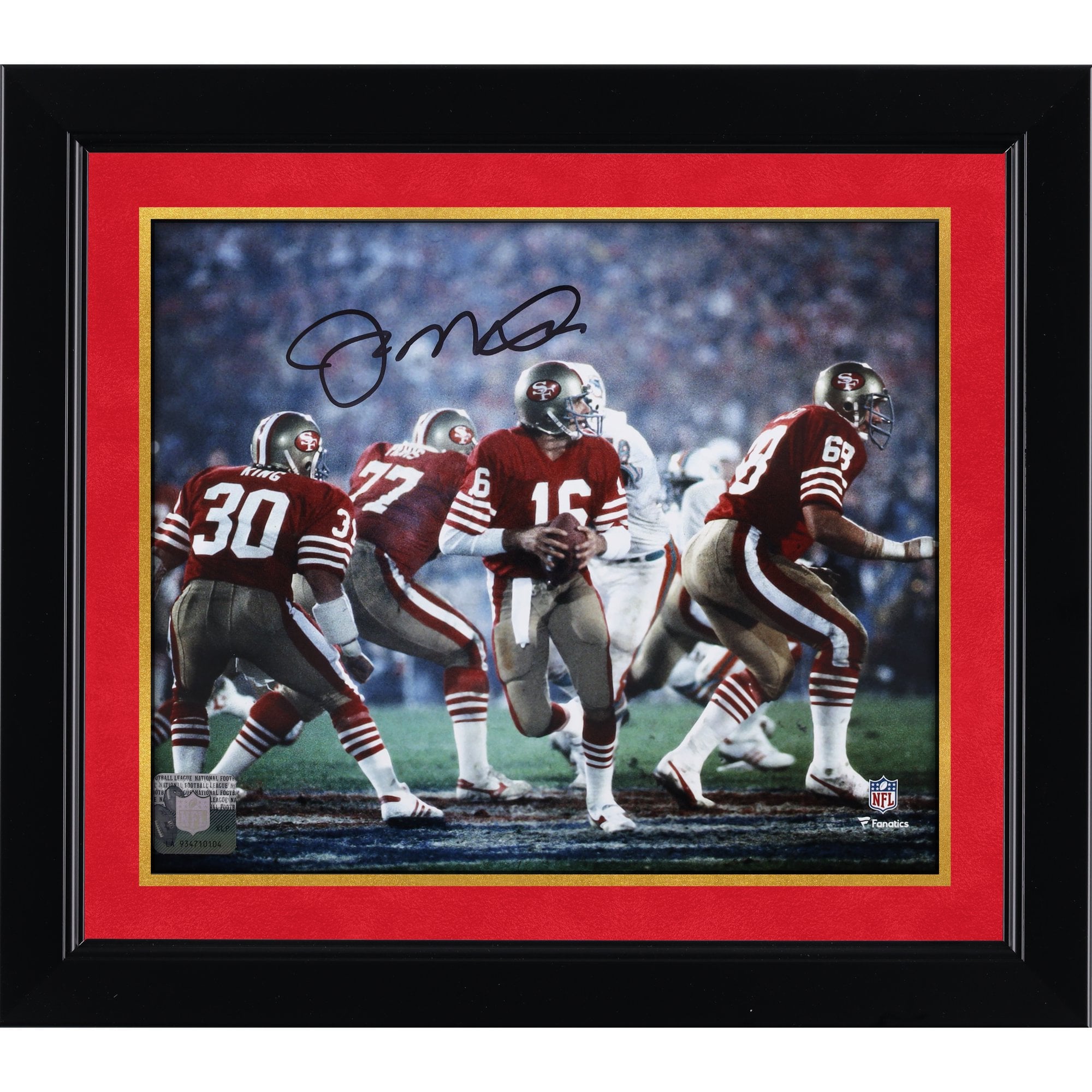 Photo dédicacée de Joe Montana, joueur des 49ers de San Francisco, format 20 x 25 cm, prise lors du Super Bowl XIX.