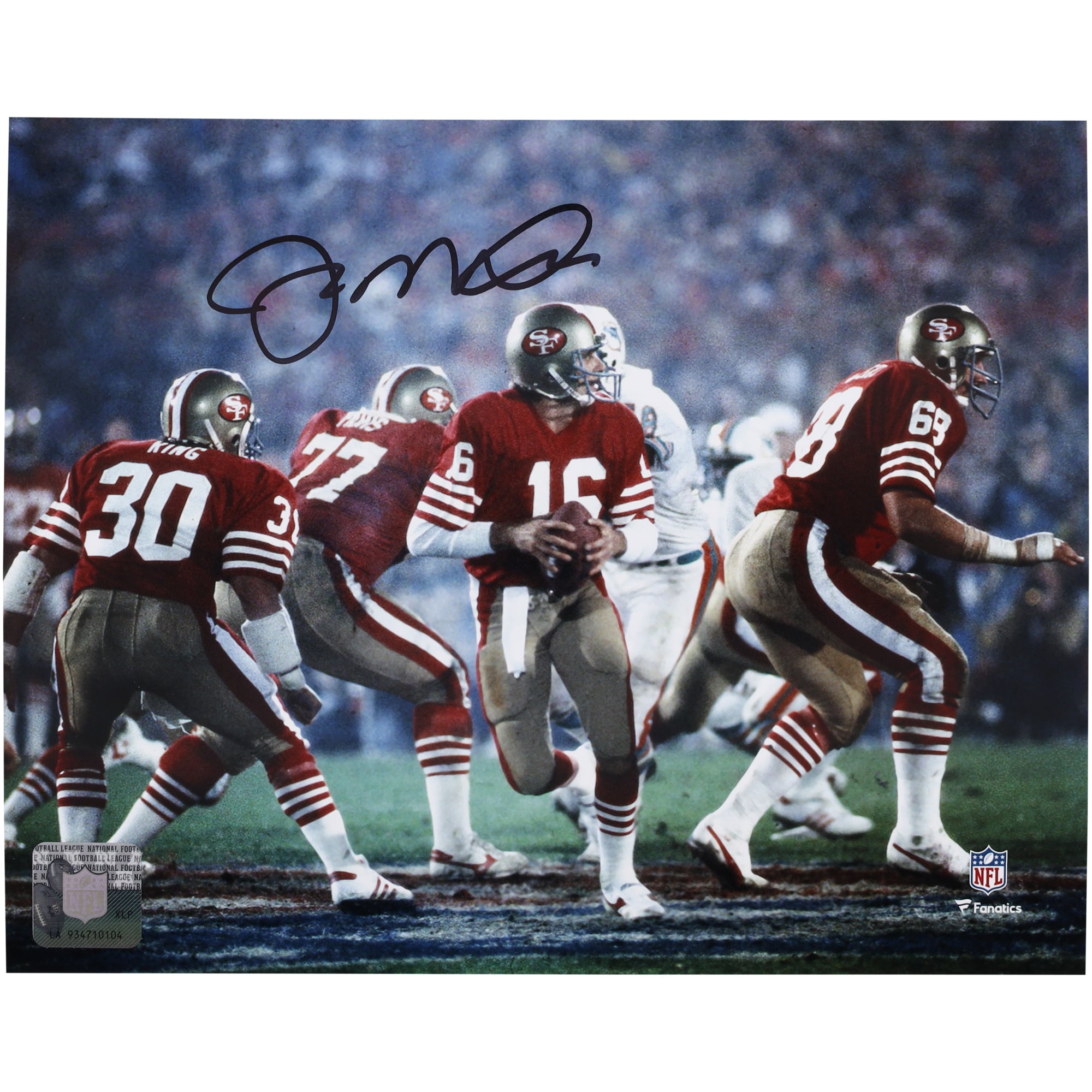 Photo dédicacée de Joe Montana, joueur des 49ers de San Francisco, format 20 x 25 cm, prise lors du Super Bowl XIX.