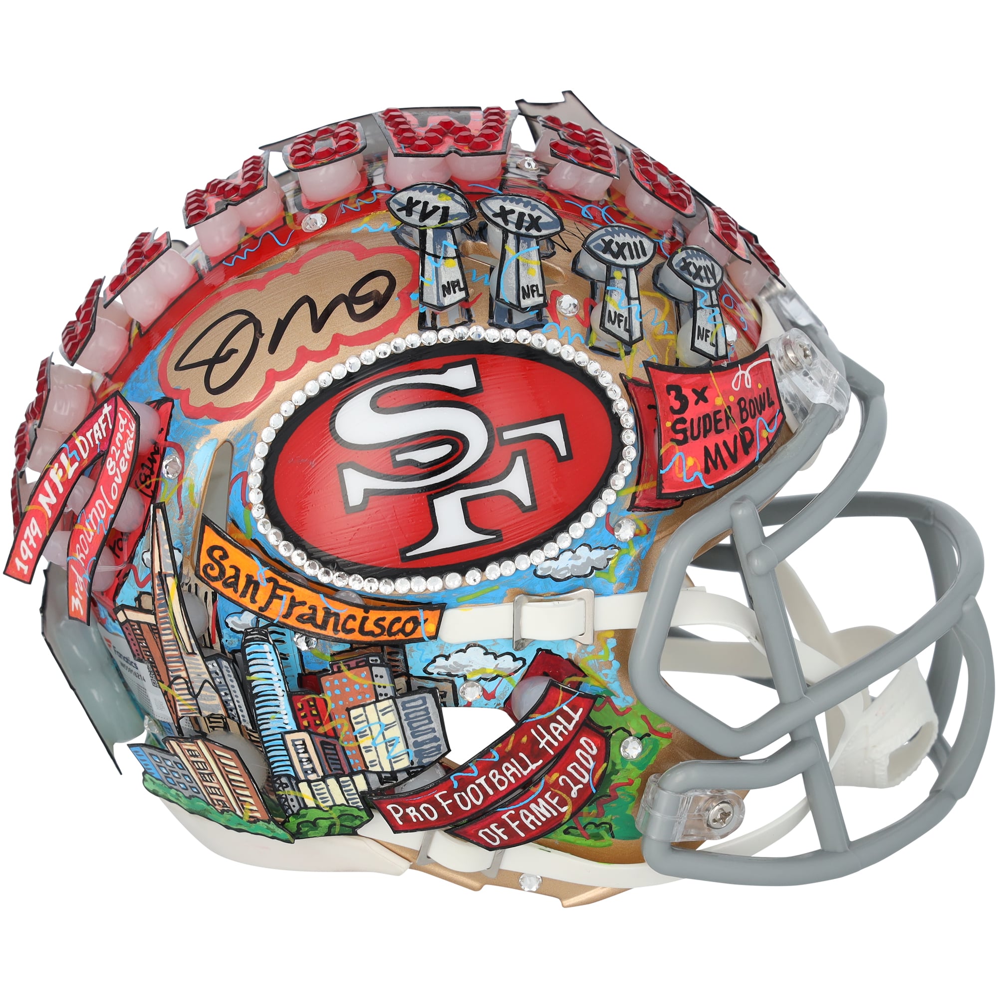 Casque miniature Riddell Speed ​​rétro 1964-1995, autographié par Joe Montana (49ers de San Francisco) - Illustration de Charles Fazzino - WN55916214