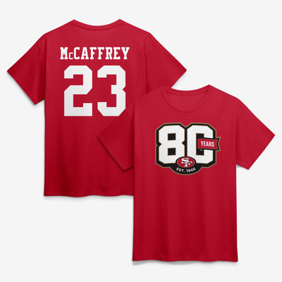 Christian McCaffrey San Francisco 49ers 80th Anniversary Player Name & Number T-Shirt - Scarlet