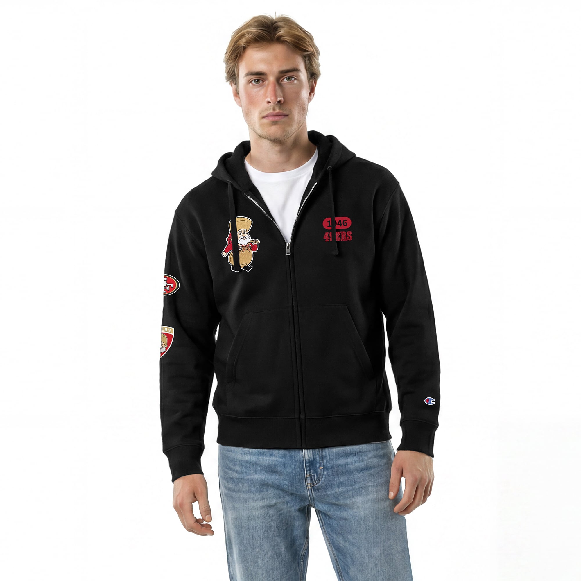 Men's Disney x Champion Black San Francisco 49ers Stinky Pete All-Star Full-Zip Hoodie
