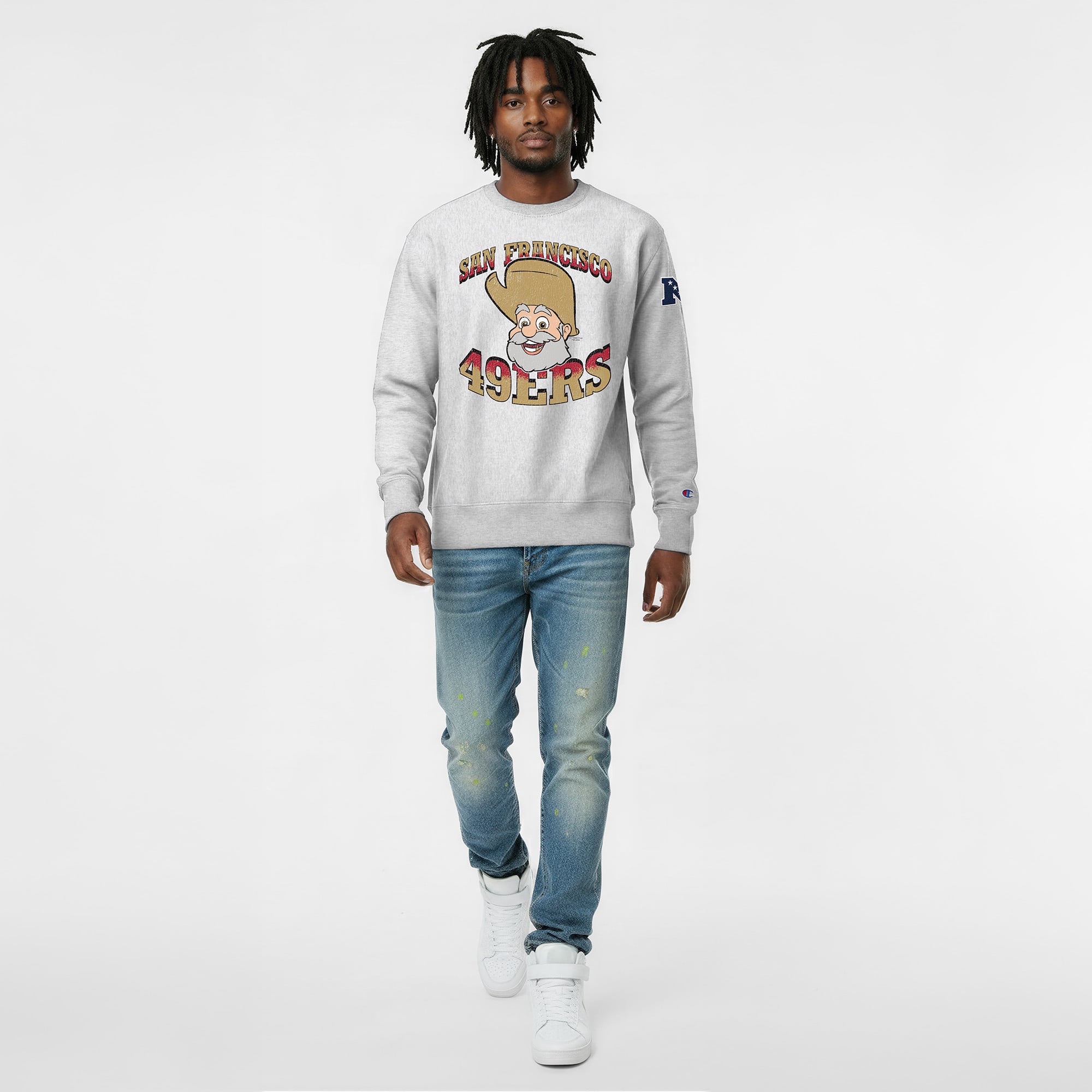 Men's Disney x Champion Heather Gray San Francisco 49ers Stinky Pete Reverse Weave Sweatshirt