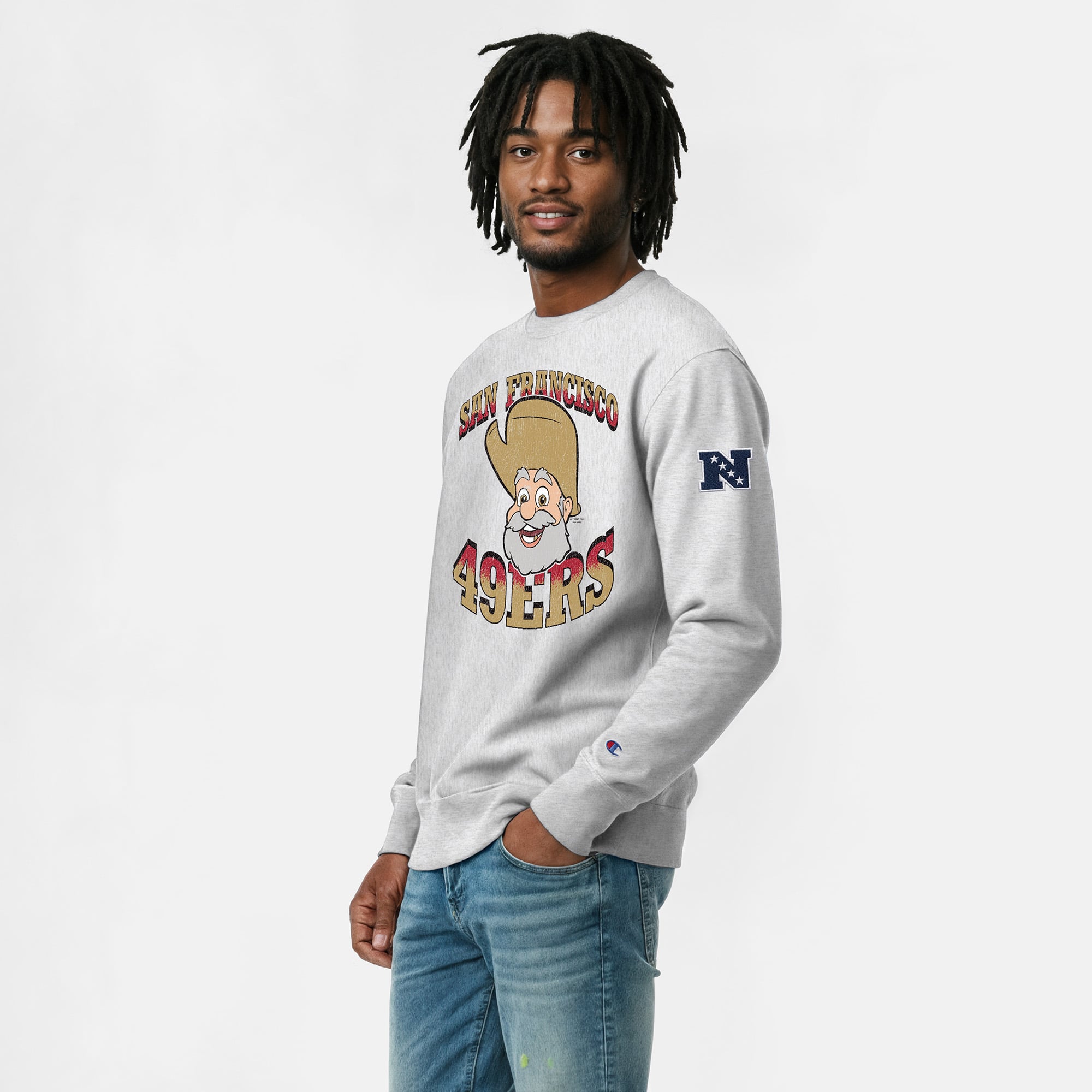 Men's Disney x Champion Heather Gray San Francisco 49ers Stinky Pete Reverse Weave Sweatshirt