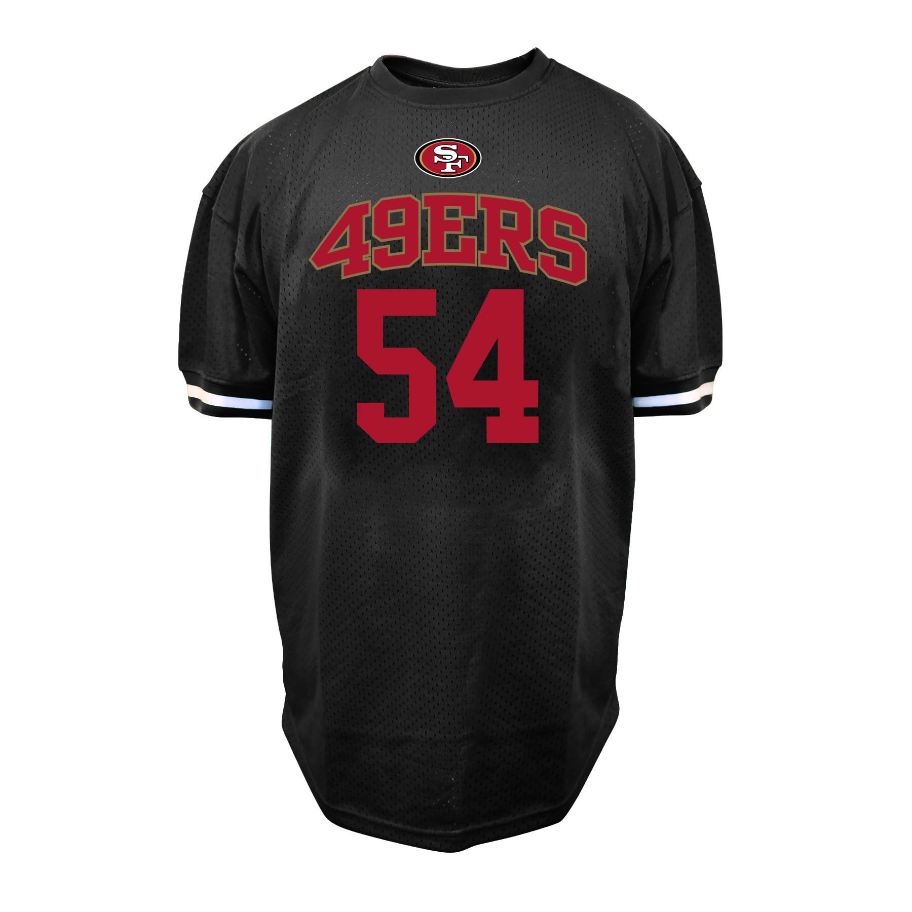 T-shirt Fanatics Fred Warner noir San Francisco 49ers pour homme, grandes tailles, en maille, avec nom et numéro.