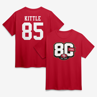 George Kittle San Francisco 49ers 80th Anniversary Player Name & Number T-Shirt - Scarlet