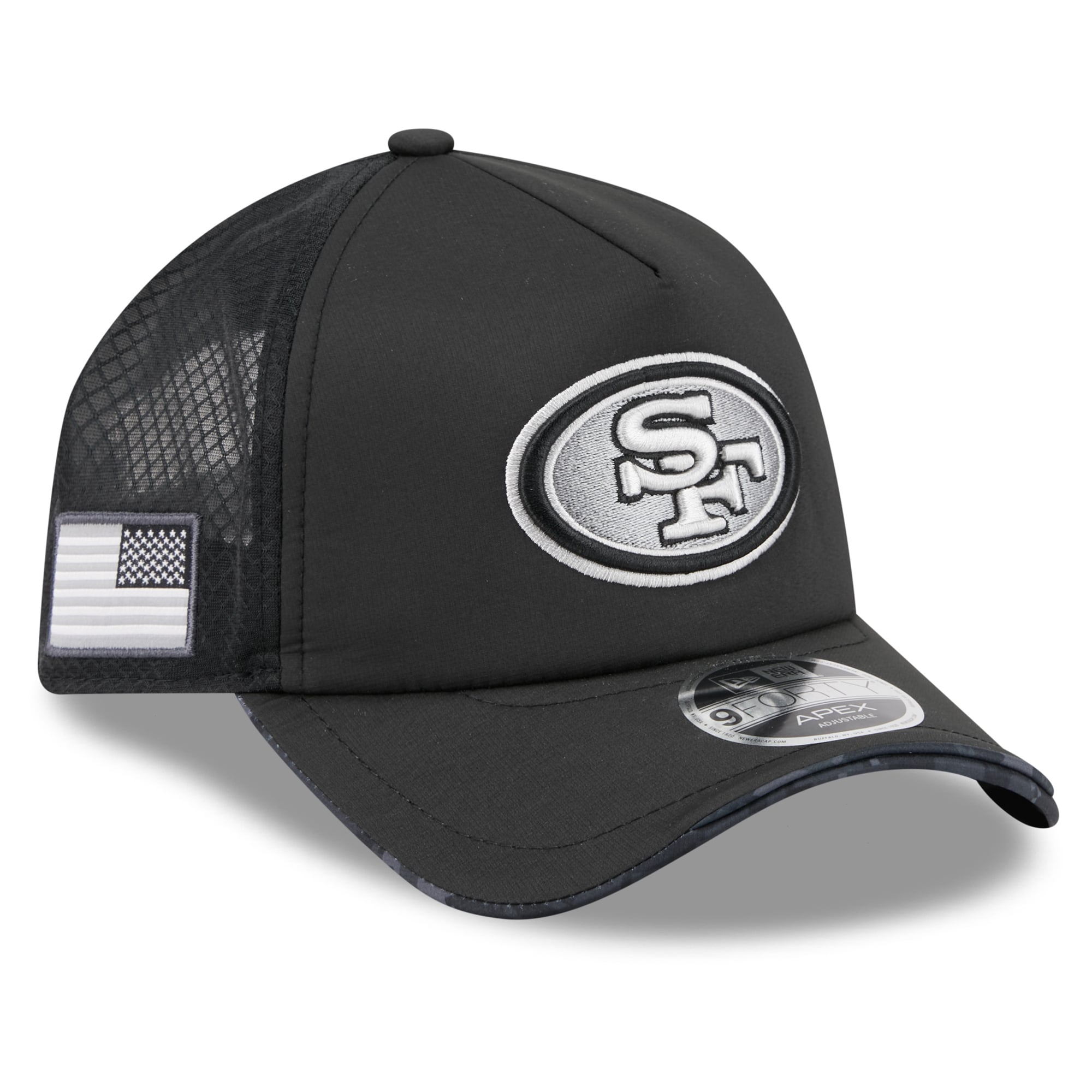 Men's New Era Black San Francisco 49ers 2026 Salute To Service Apex 9FORTY Adjustable Trucker Hat