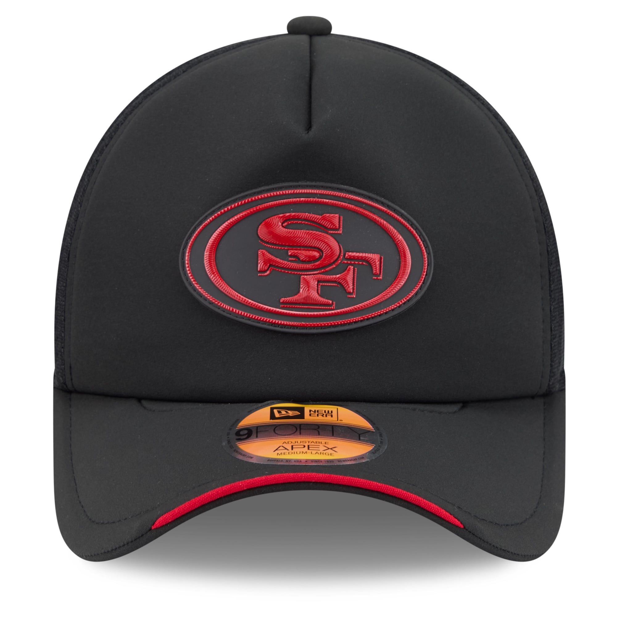 Men's New Era Black San Francisco 49ers 2026 Sideline Apex 9FORTY Adjustable Trucker Hat