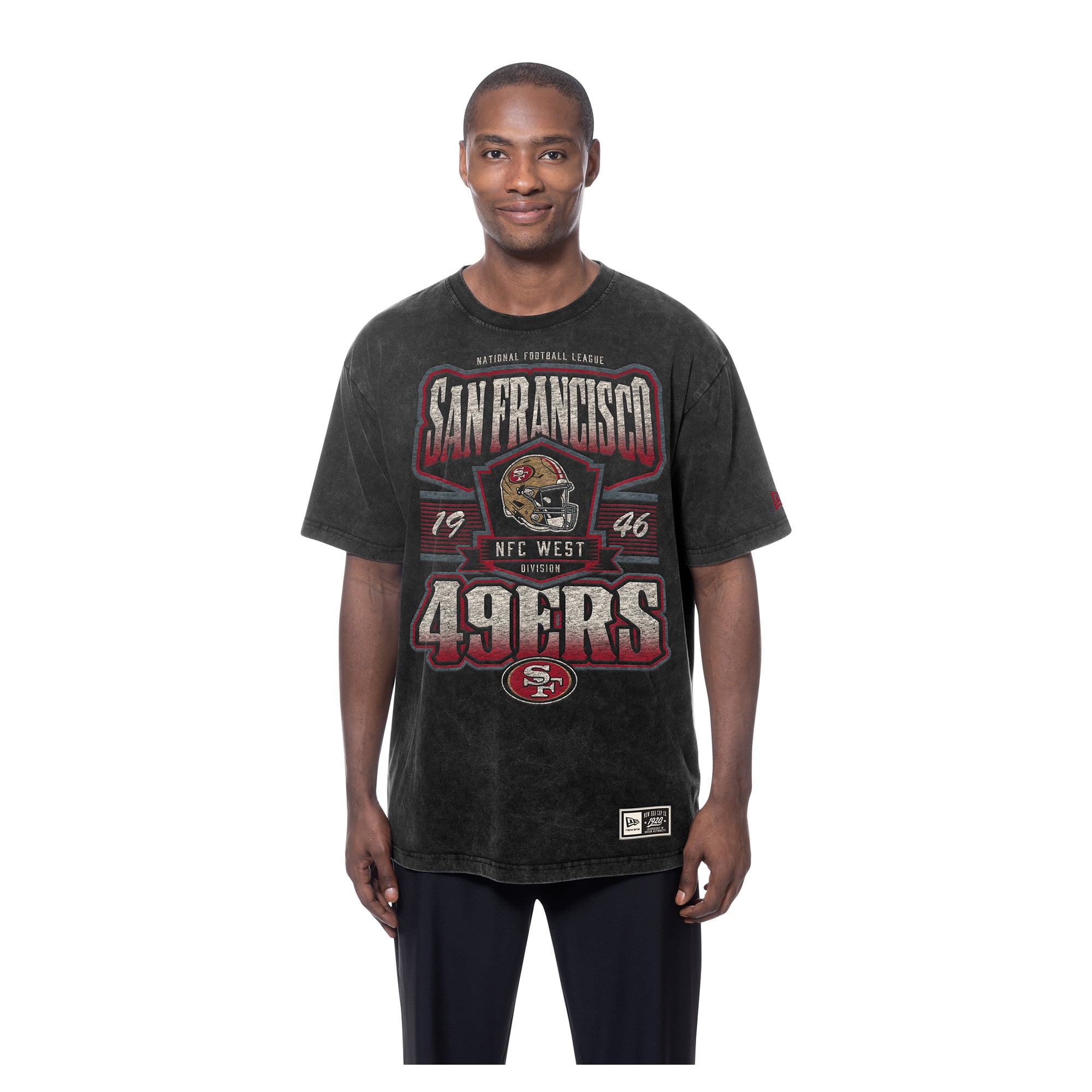 T-shirt New Era noir pour homme, San Francisco 49ers, délavage minéral